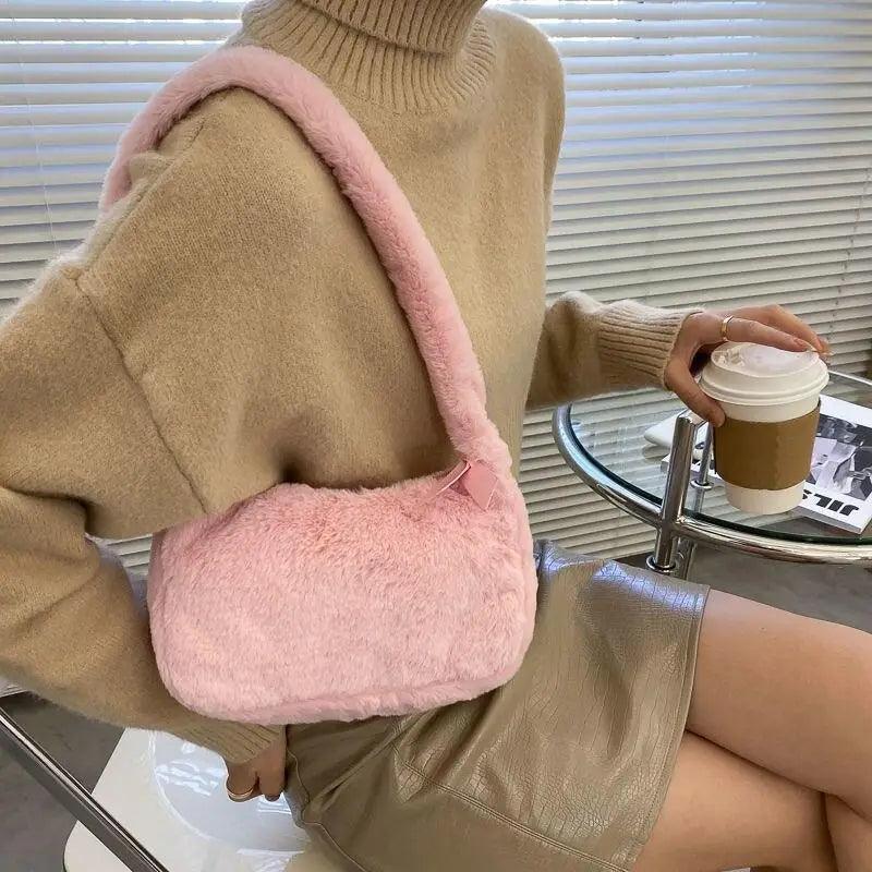 Fluffy Plush Shoulder Bag - Soft Winter Designer Clutch for Girls