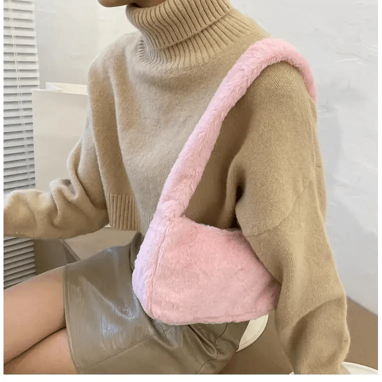 Fluffy Plush Shoulder Bag - Soft Winter Designer Clutch for Girls