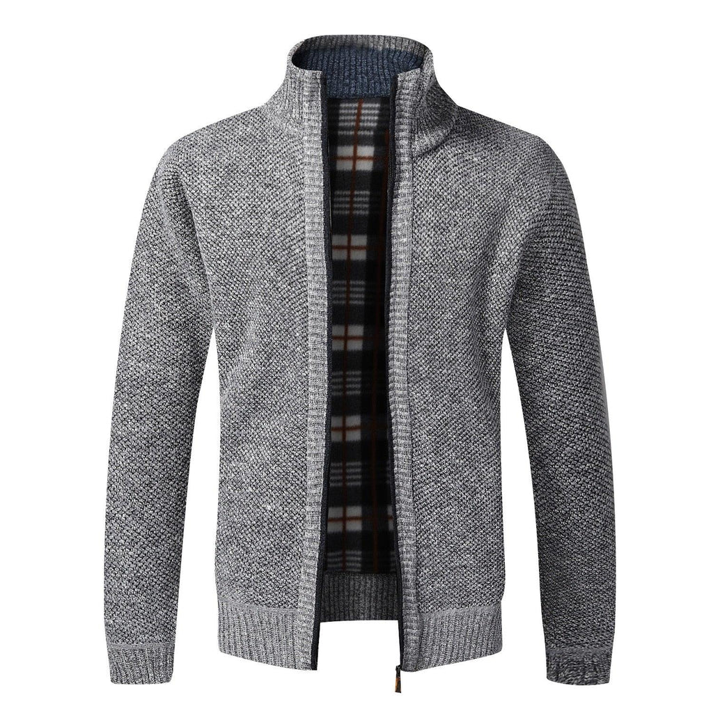 A man wearing a solid-colored slim-fit knit sweater jacket in grey, red, or brown.