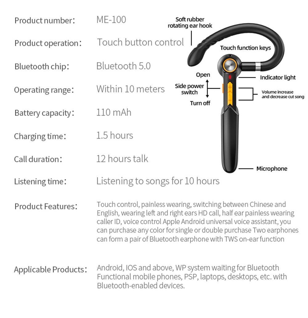 Bluetooth 5.0 Wireless Single Ear Headset with HD Sound & Touch