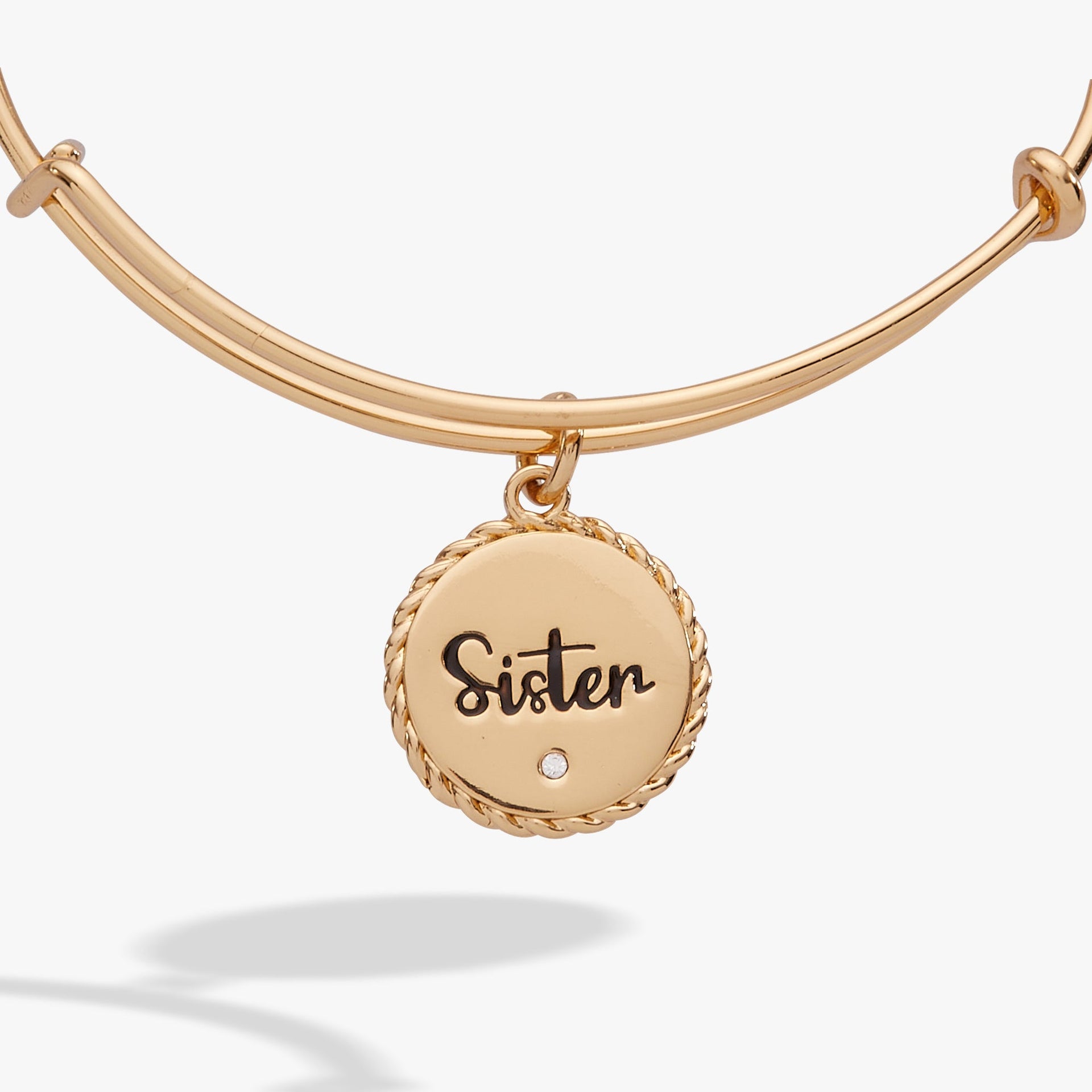 Gold Sister Charm Bangle with Woven Texture and Heart Detail