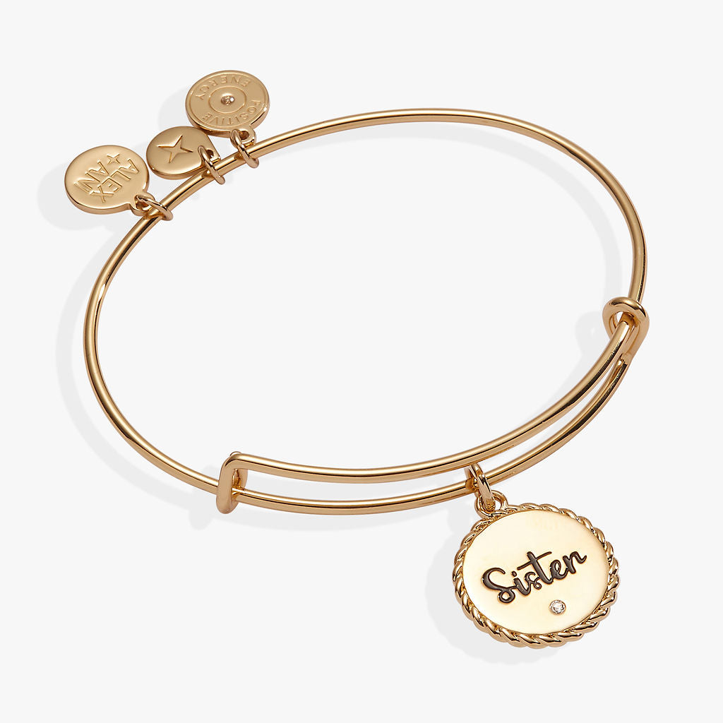 Sister Engraved Charm Bangle with Crystal Detail