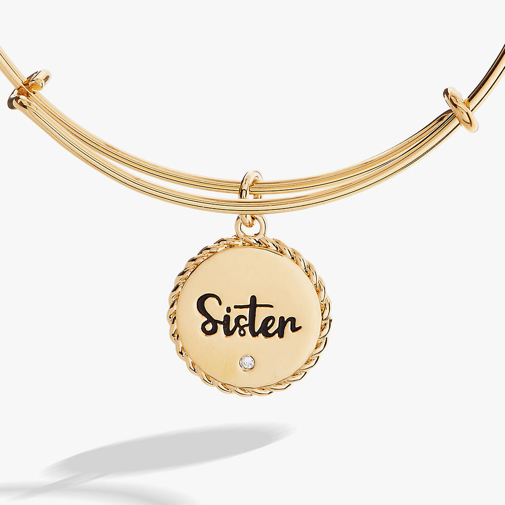 Sister Engraved Charm Bangle with Crystal Detail