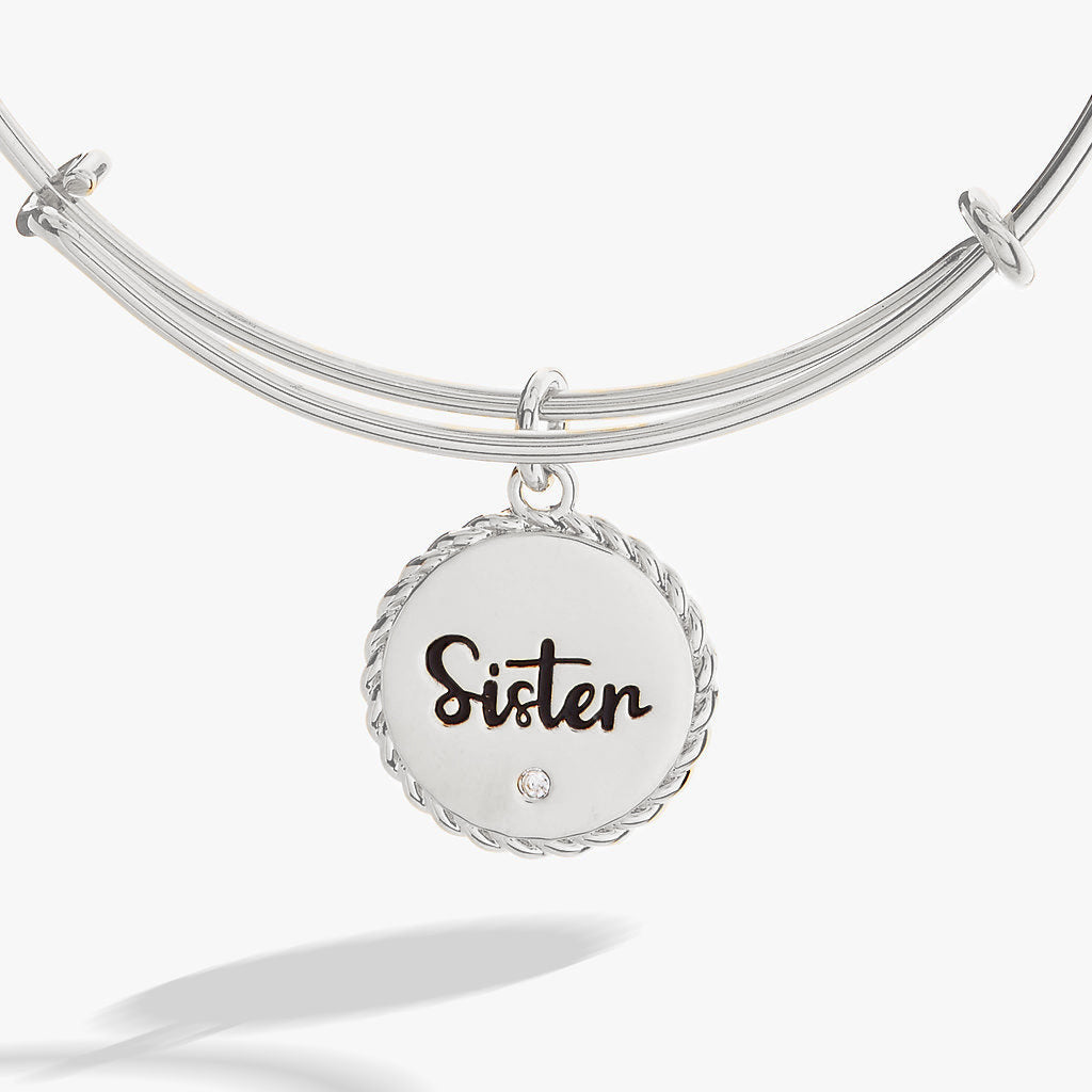 Sister Engraved Charm Bangle with Crystal Detail