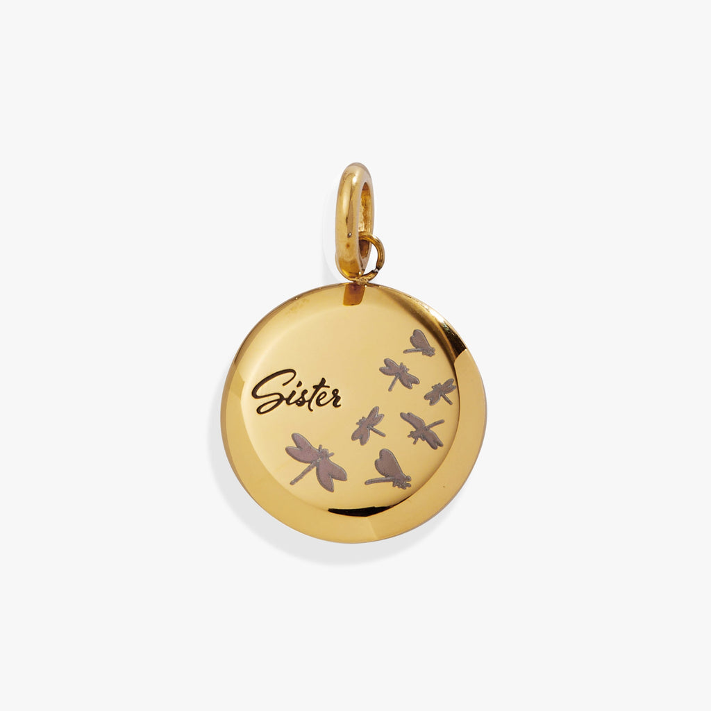 Sister dragonfly disc charm necklace with engraved family message.