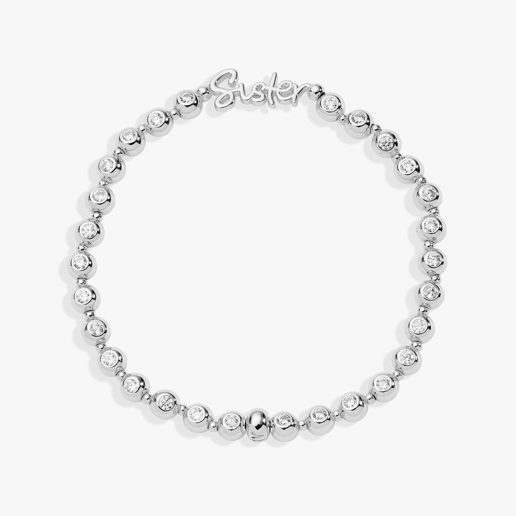 Sister stretch bracelet with script plaque and crystal beads in silver and gold