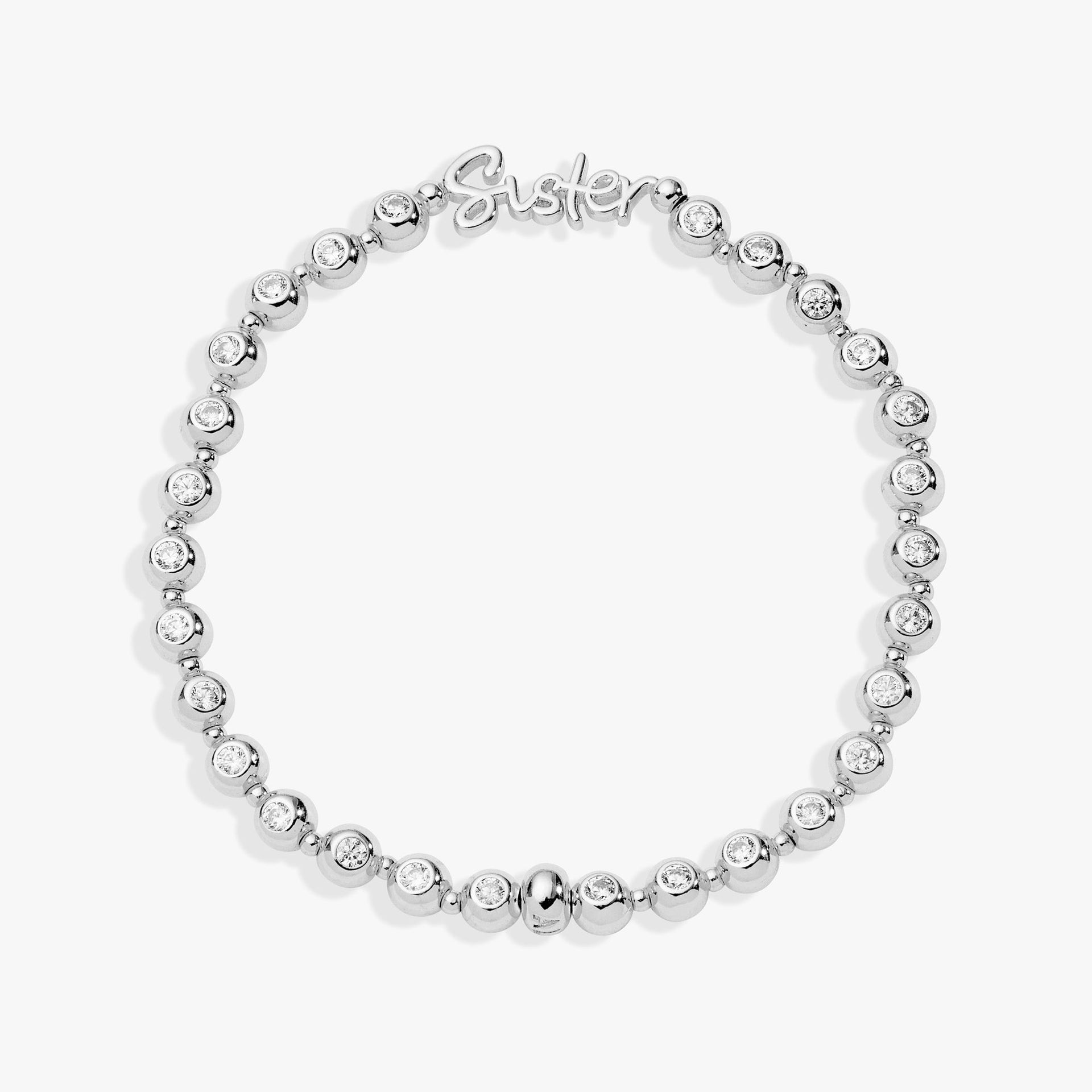Sister stretch bracelet with script plaque and crystal beads in silver and gold