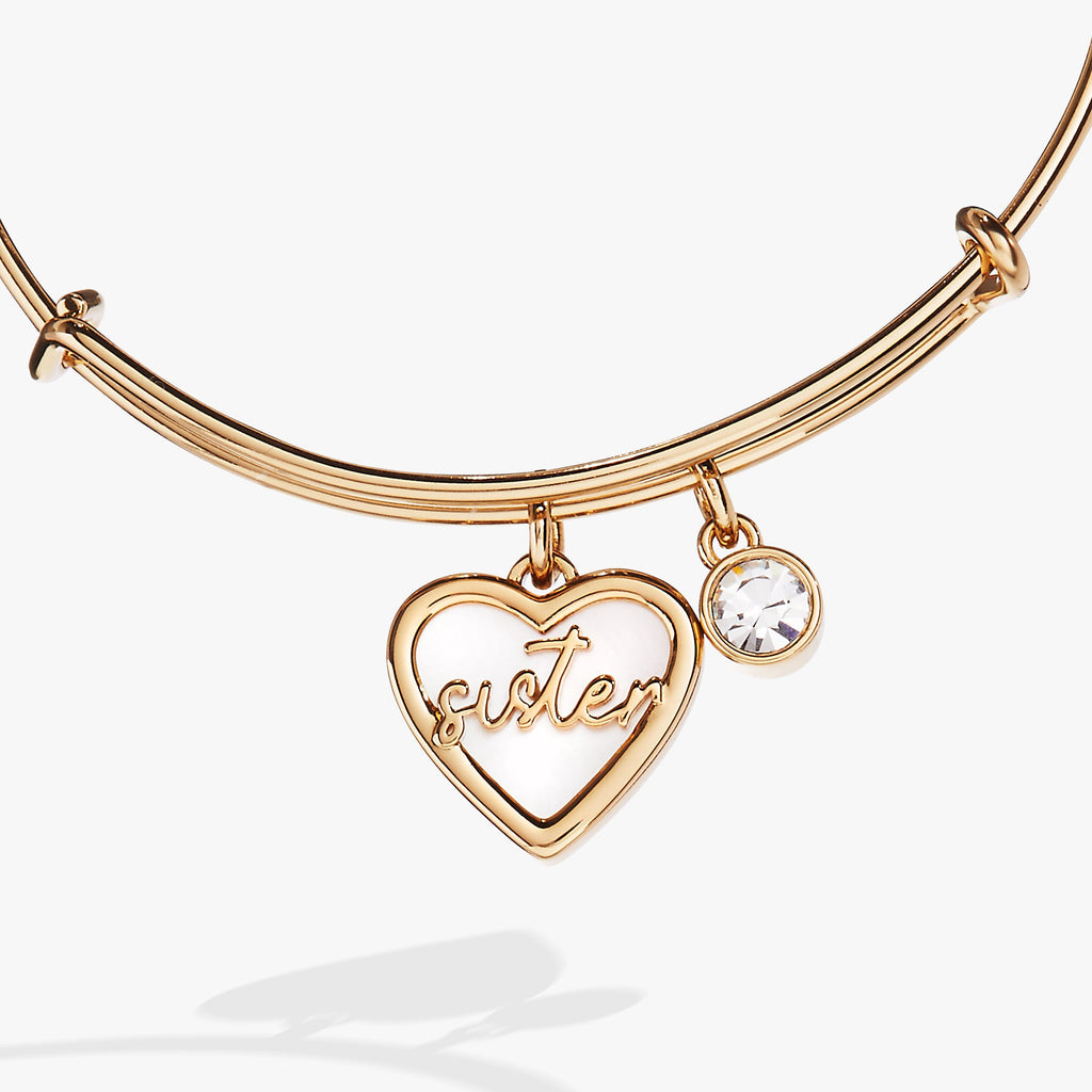 Sister Mother of Pearl Heart Bangle Bracelet in Silver
