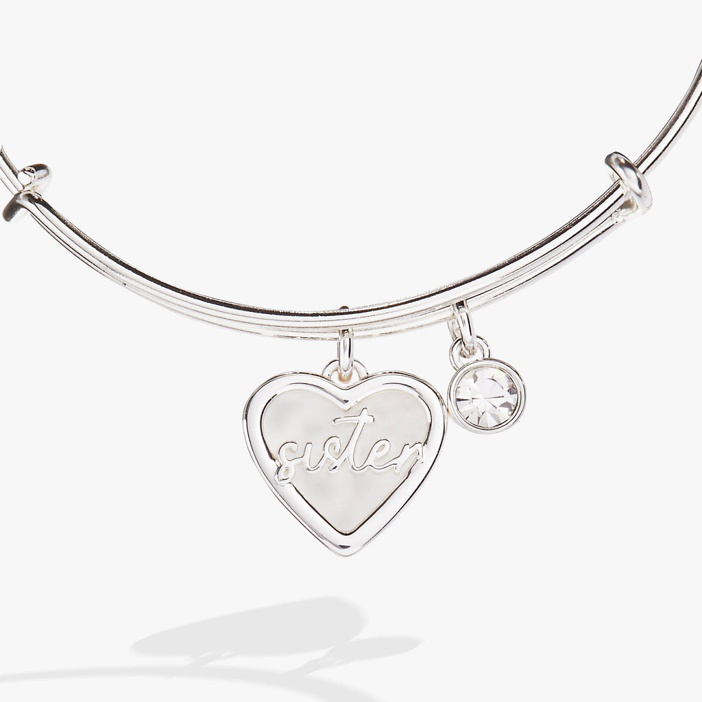 Sister Mother of Pearl Heart Bangle Bracelet in Silver