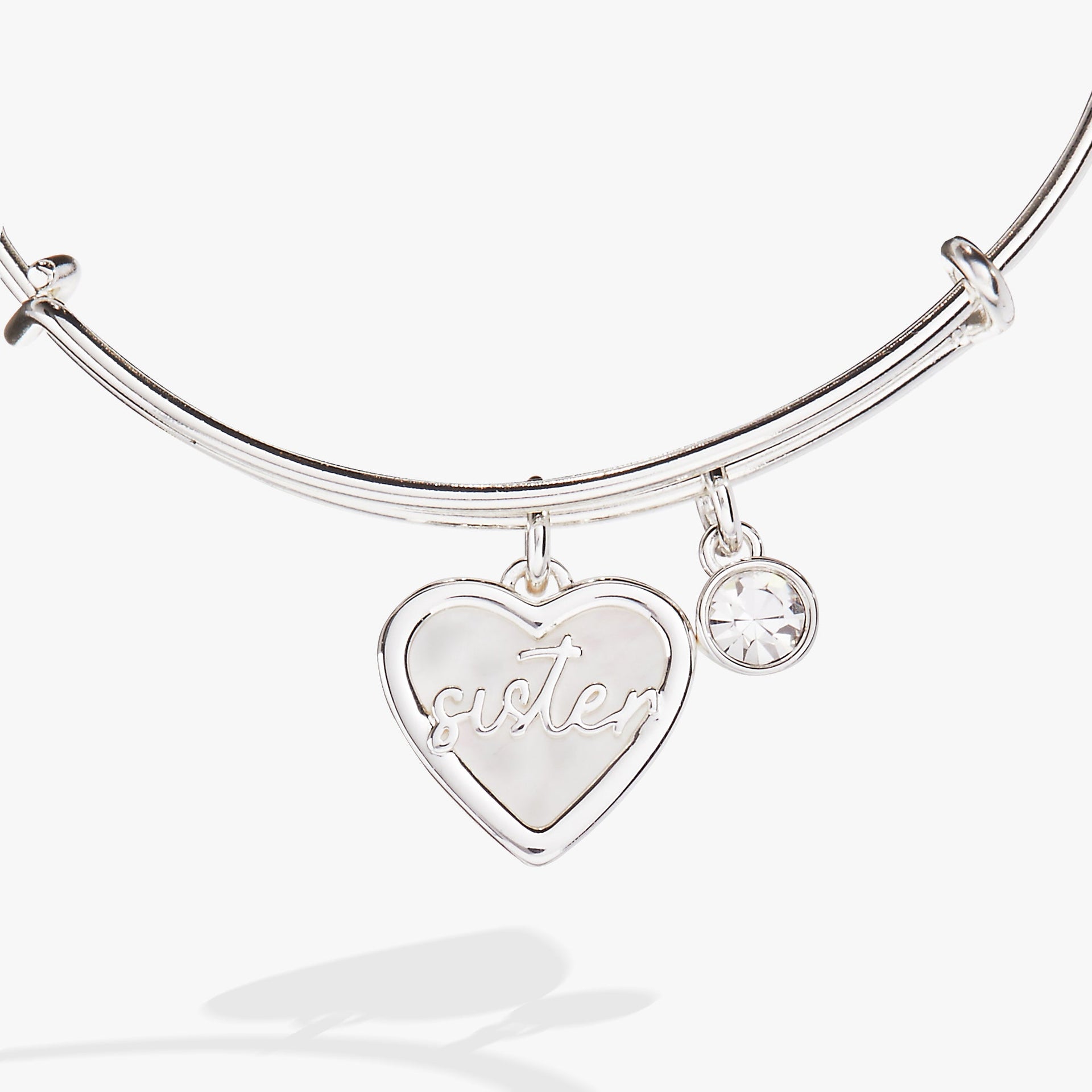 Sister Mother of Pearl Heart Bangle Bracelet in Silver