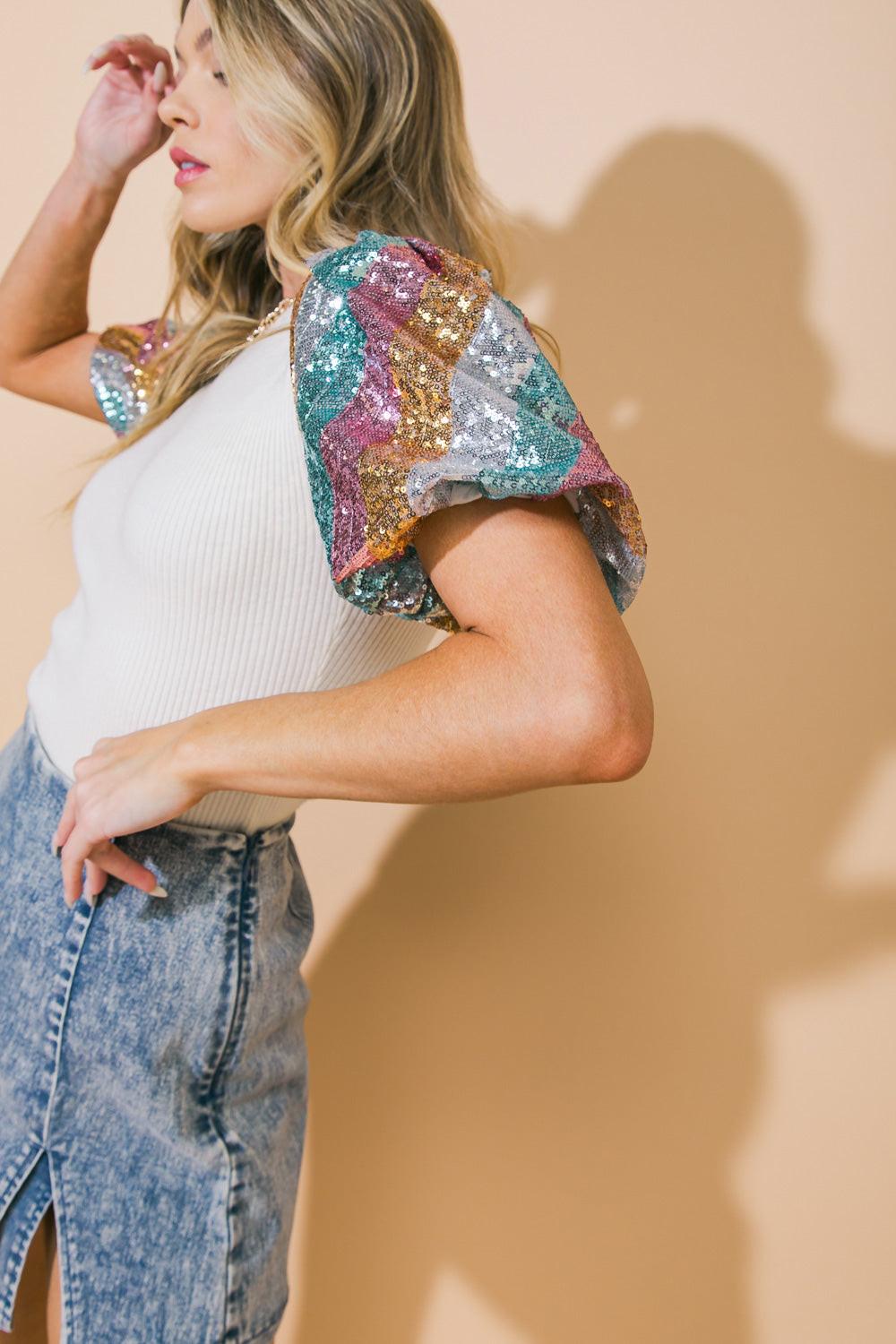 Cream Ribbed Knit Sweater Top with Multi-Color Sequin Sleeves