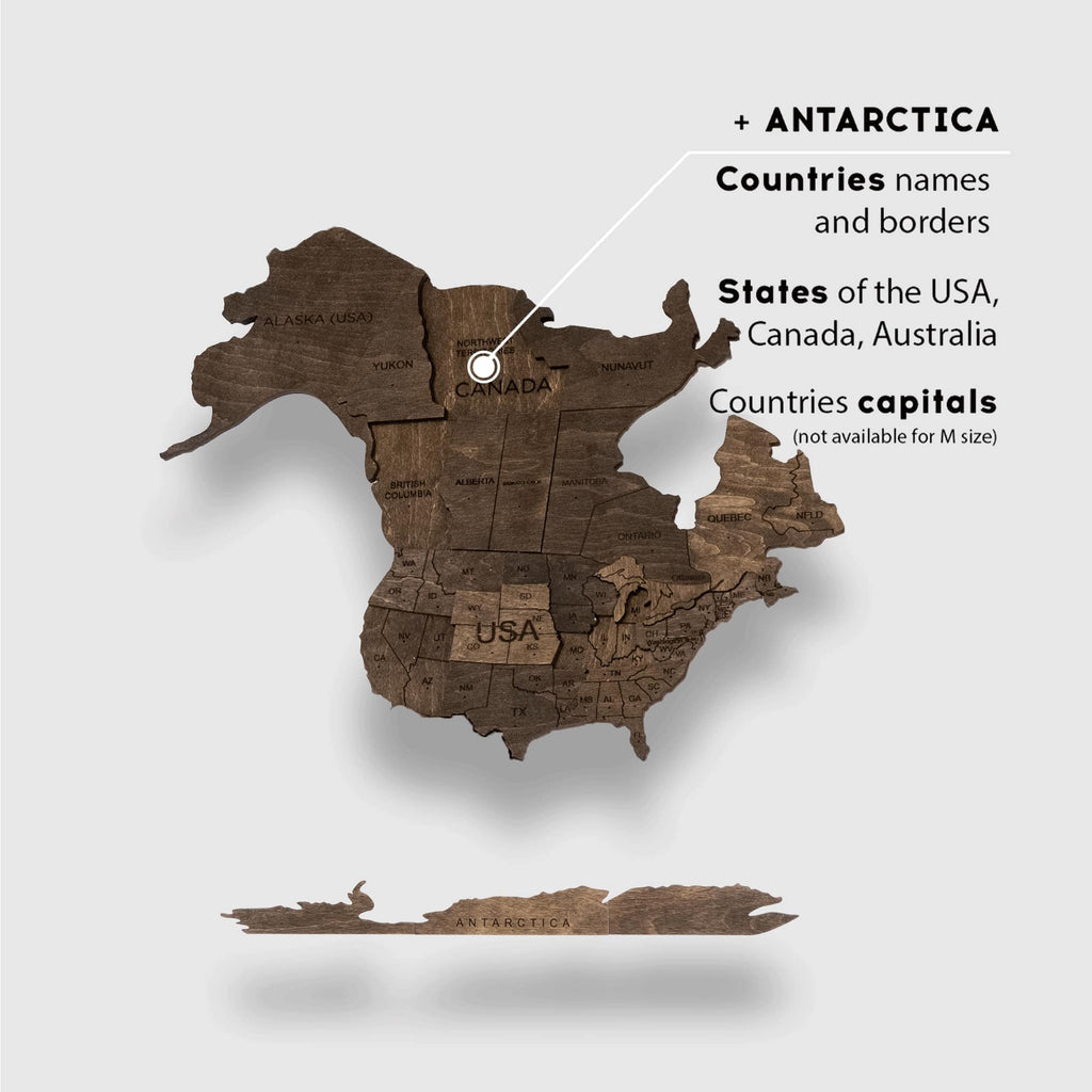 3D Wooden World Map Dark Walnut Modern Minimalist Wall Art