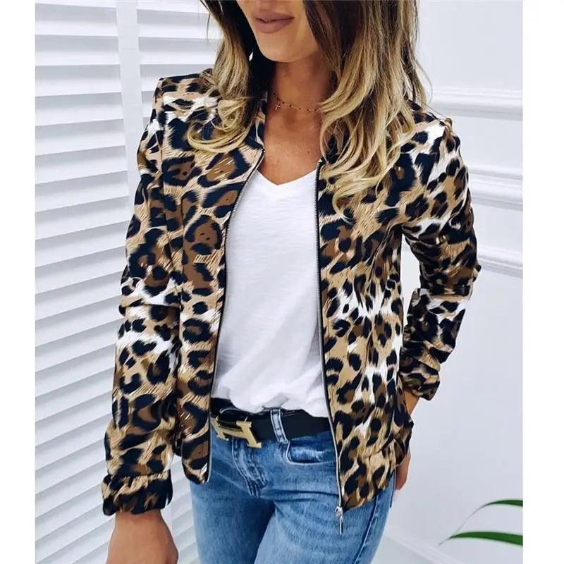Women's Long Sleeve Leopard Print Zip Cardigan Jacket