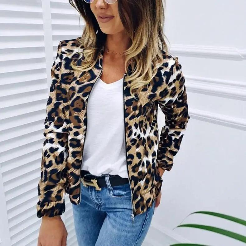Women's Long Sleeve Leopard Print Zip Cardigan Jacket