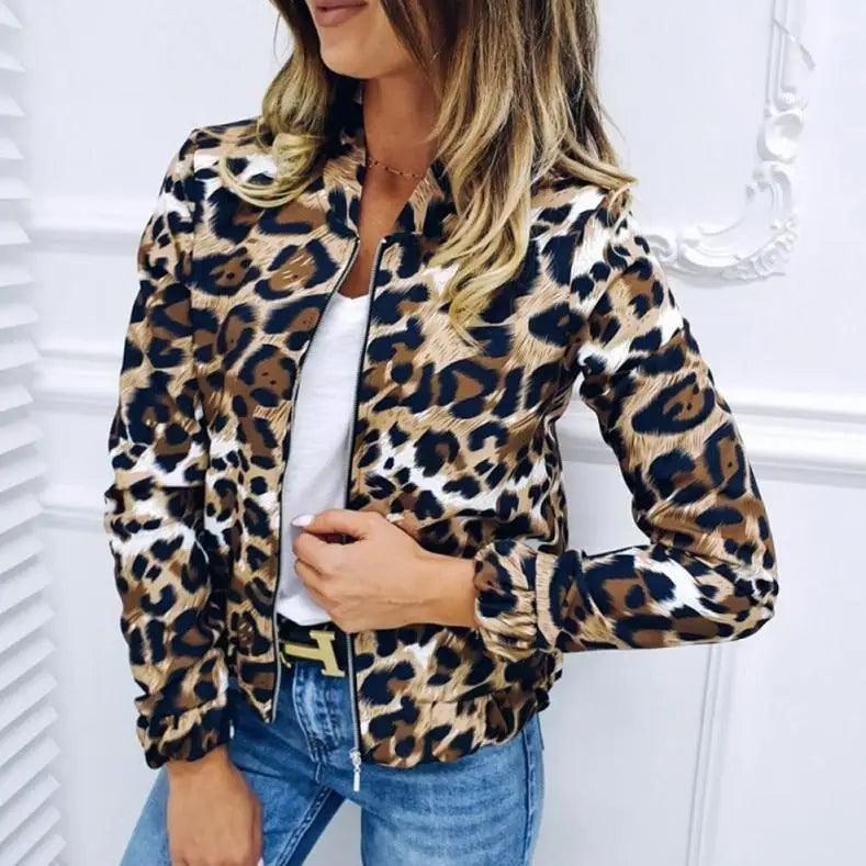 Woman wearing a stylish brown, black, and beige leopard print zip-front cardigan jacket.