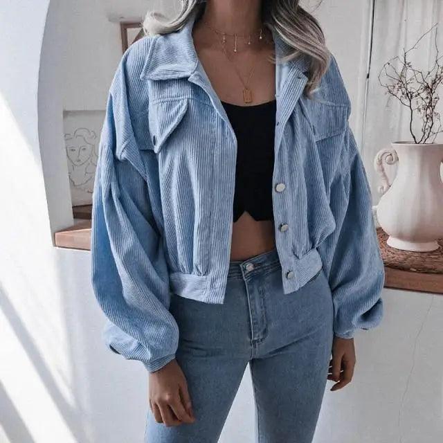 Women's loose-fit corduroy jacket with unique lantern sleeves in solid colors.