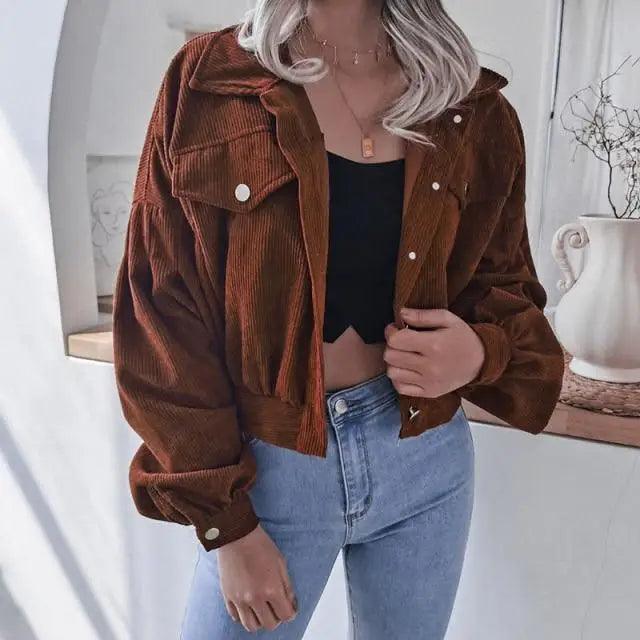 Women's Corduroy Lantern Sleeve Jacket - Casual Loose Fit