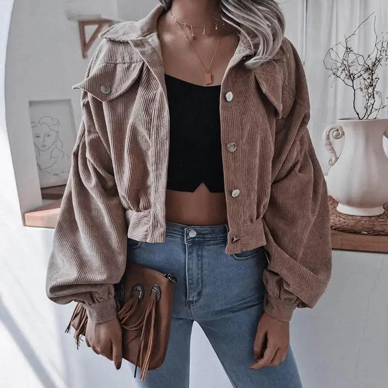 Women's Corduroy Lantern Sleeve Jacket - Casual Loose Fit