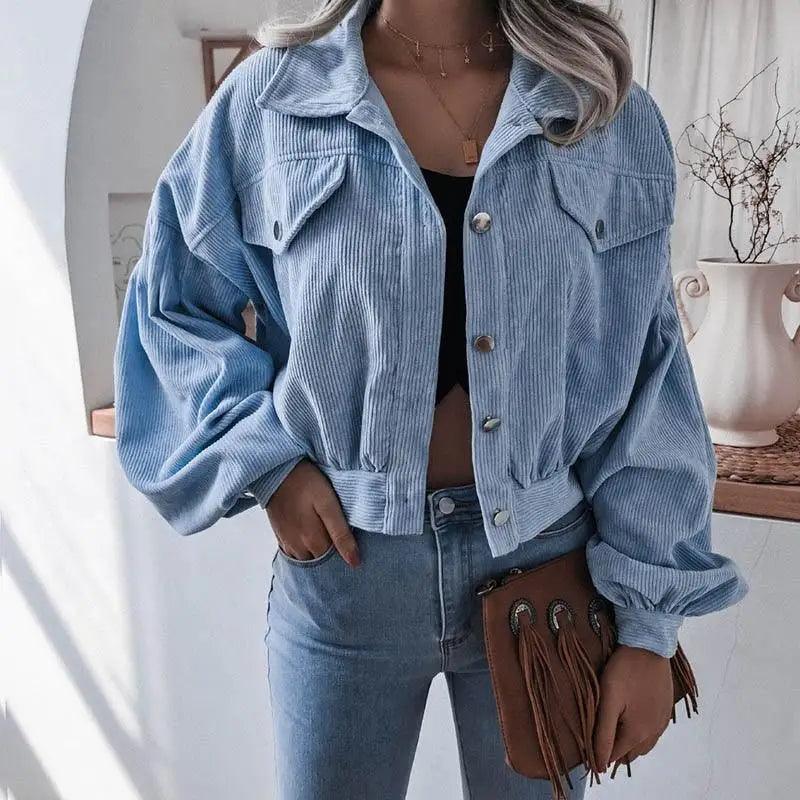 Women's Corduroy Lantern Sleeve Jacket - Casual Loose Fit