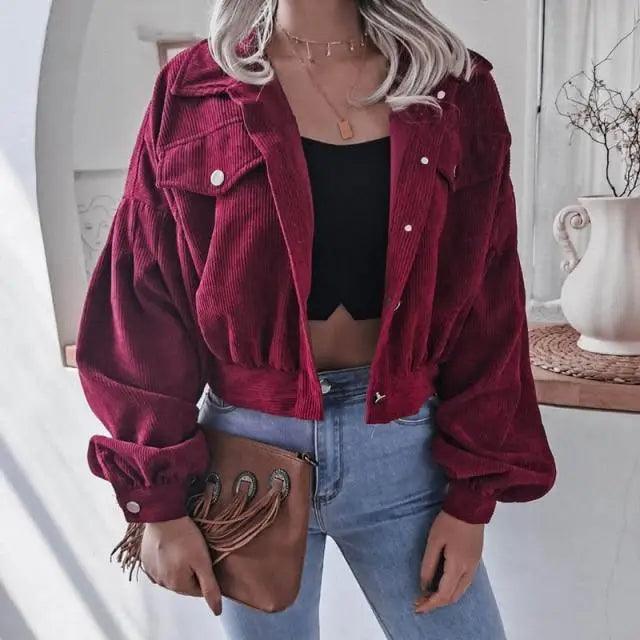Women's Corduroy Lantern Sleeve Jacket - Casual Loose Fit
