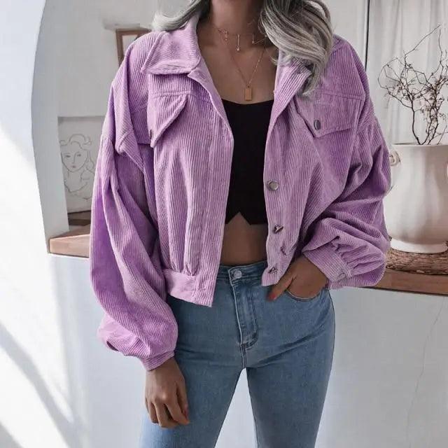 Women's Corduroy Lantern Sleeve Jacket - Casual Loose Fit