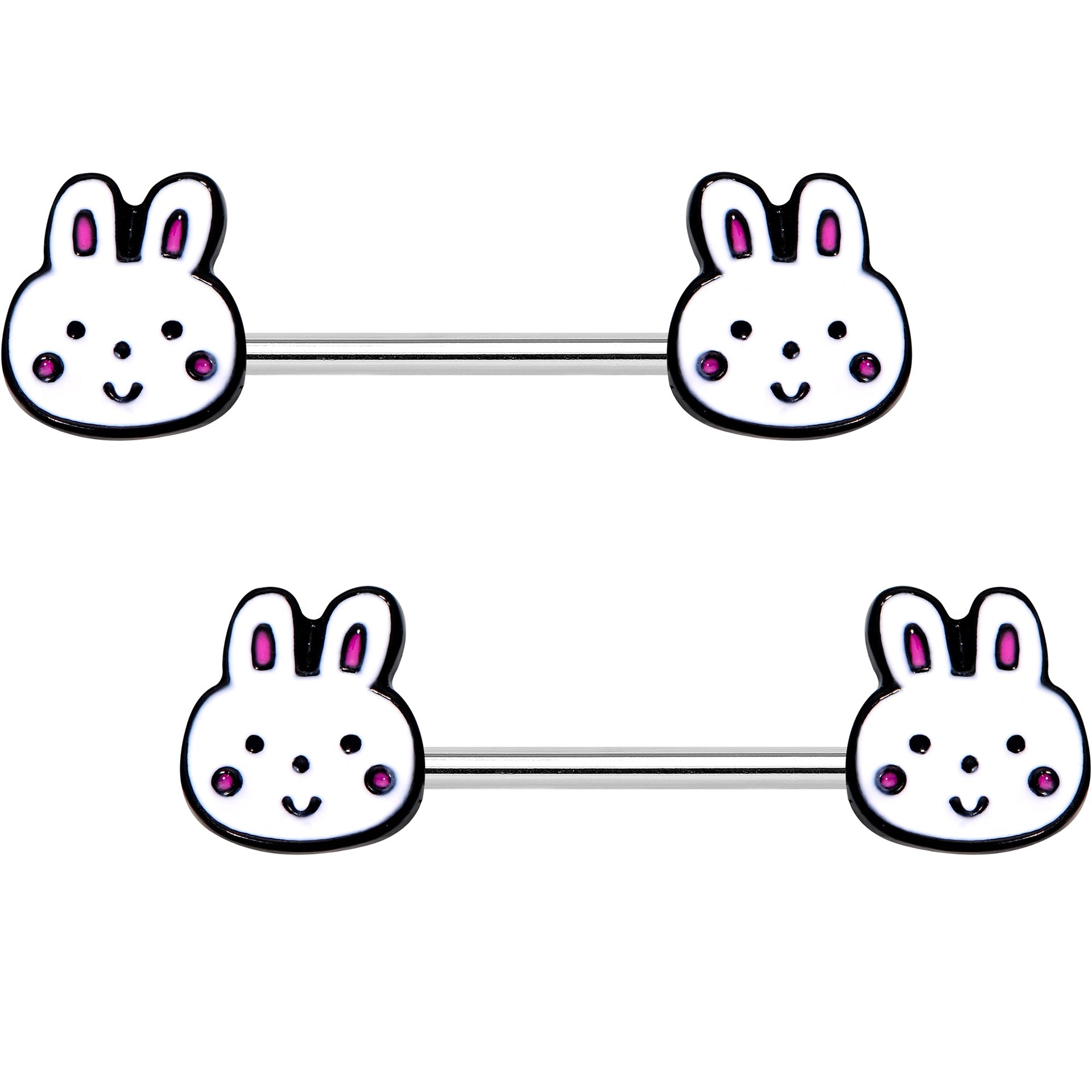 14G 5/8 White Bunny Rabbit Heads Barbell Nipple Ring Set