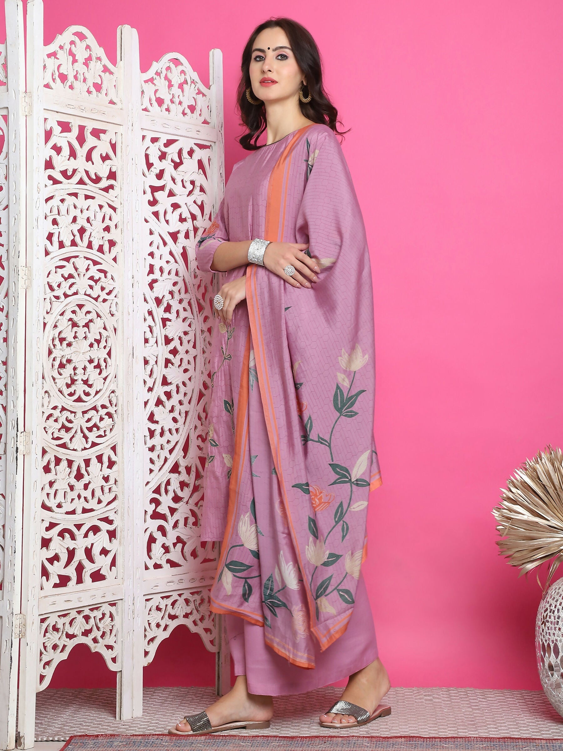 Purple Muslin Floral Print Kurta Set with Jari & Crystal Work
