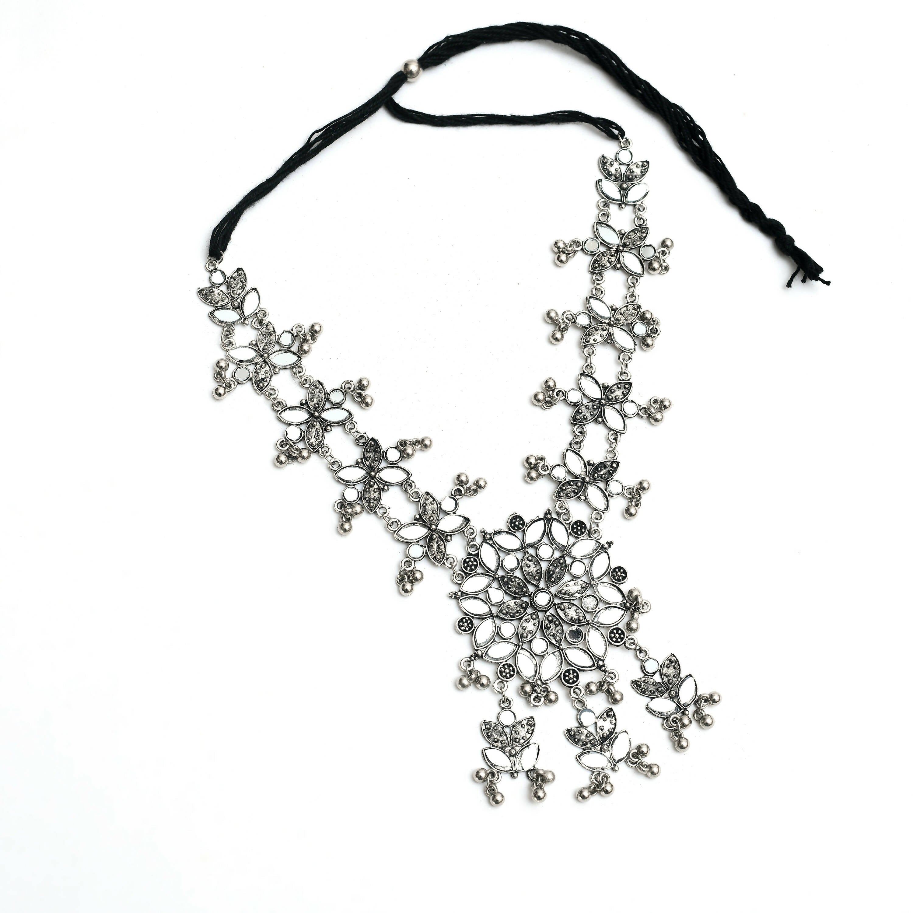 Johar Kamal Oxidised Silver-Plated Mirror Work Long Necklace Set
