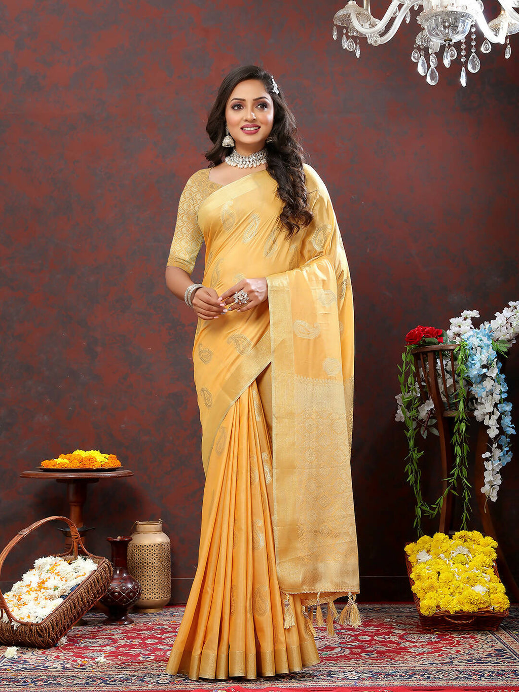 Gold Cotton Woven Saree with Zari Weaving and Silk Blouse Piece