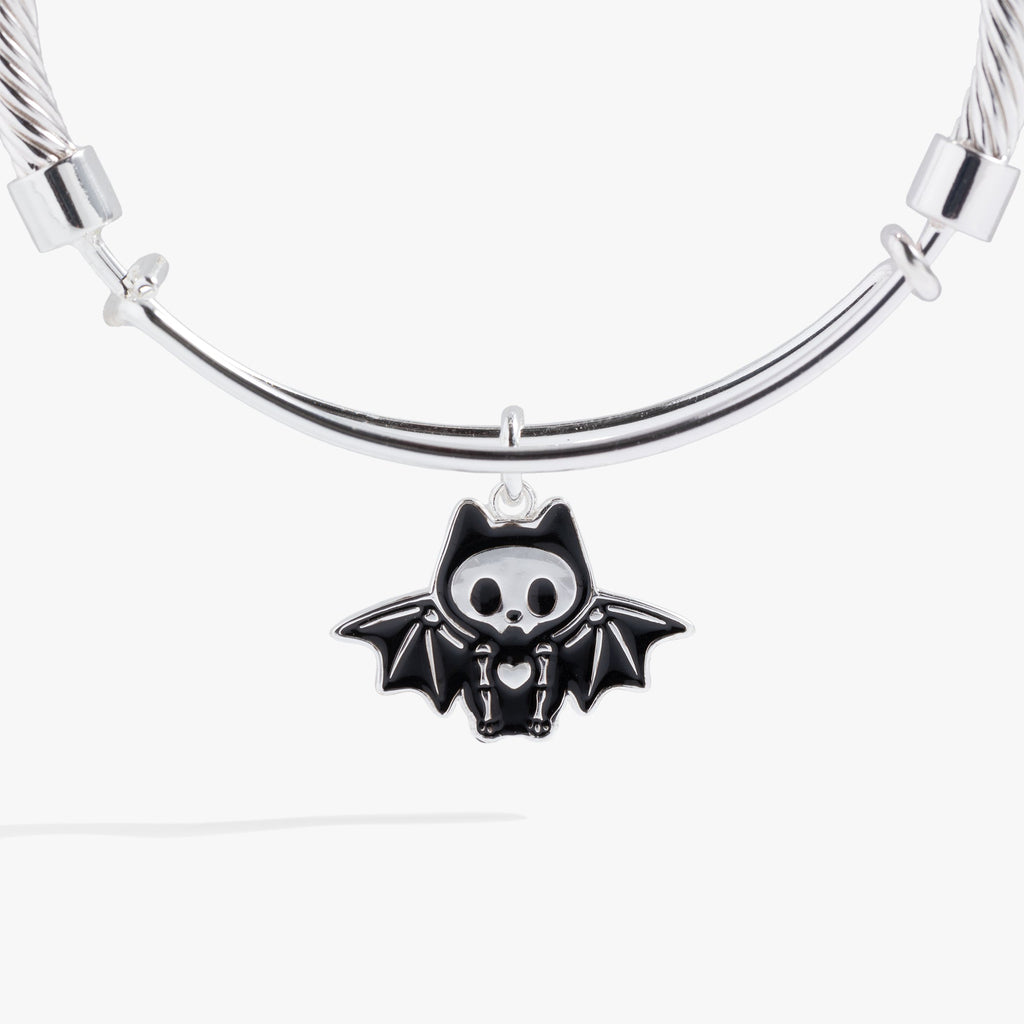 Bat Skeleton Charm Bangle Bracelet in Silver Twisted Wire
