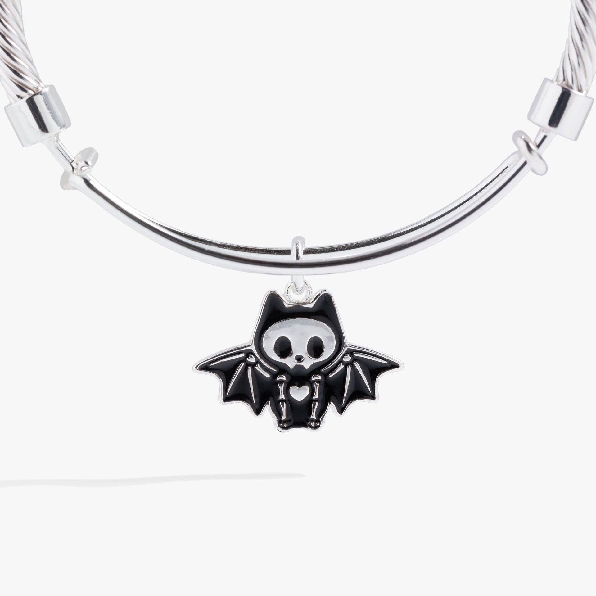 Bat Skeleton Charm Bangle Bracelet in Silver Twisted Wire