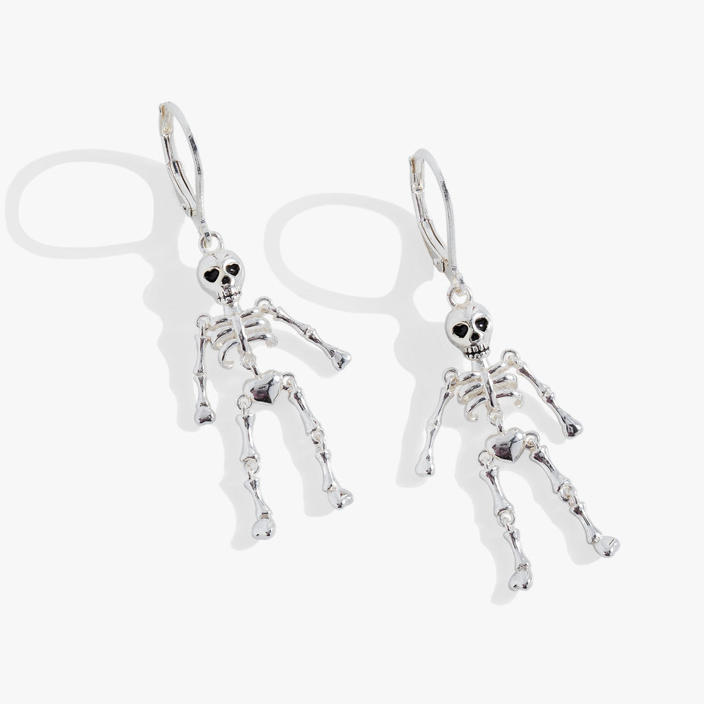 Modern polished silver skeleton drop earrings with articulated design and lever-back closure.