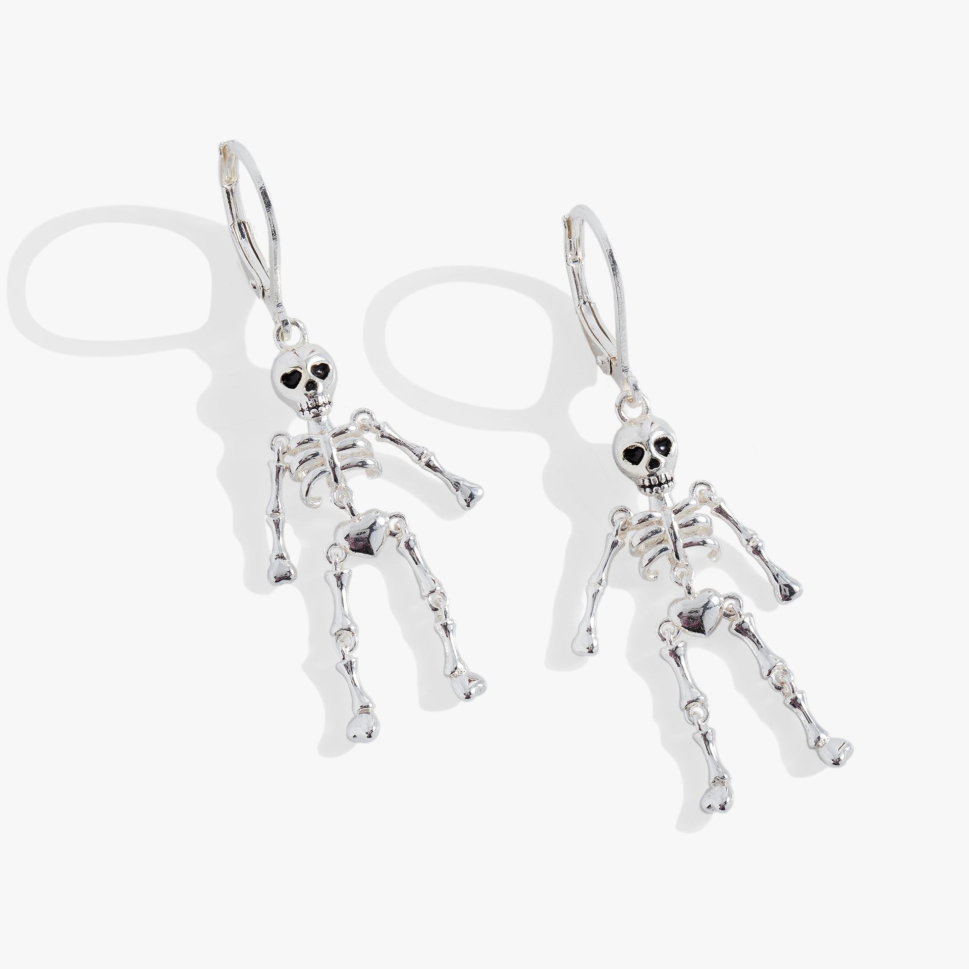Modern polished silver skeleton drop earrings with articulated design and lever-back closure.