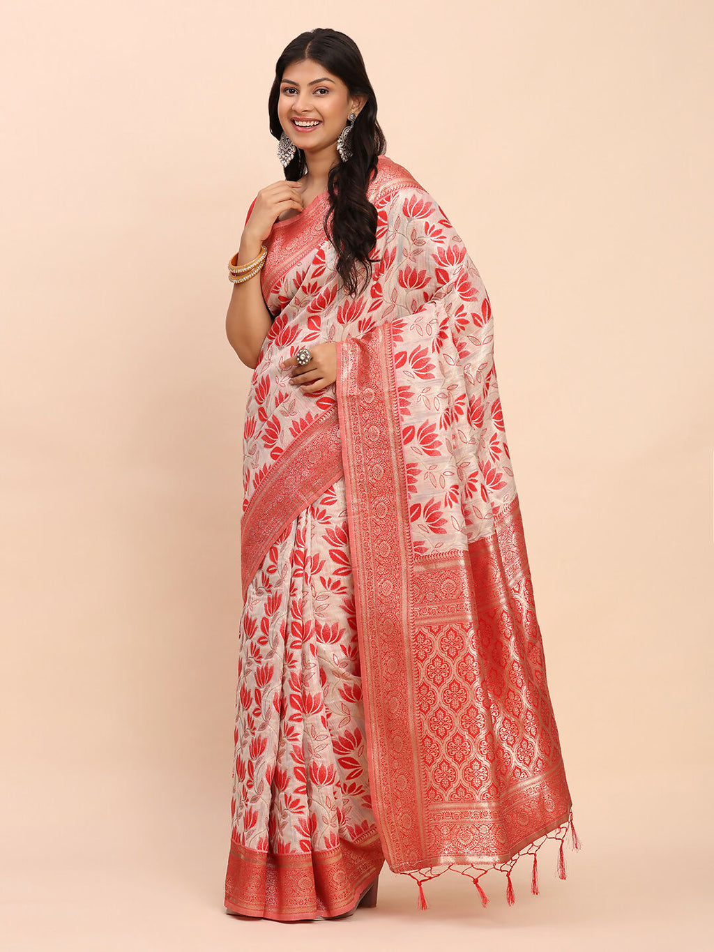 Red Linen Cotton Saree with Matching Blouse Piece