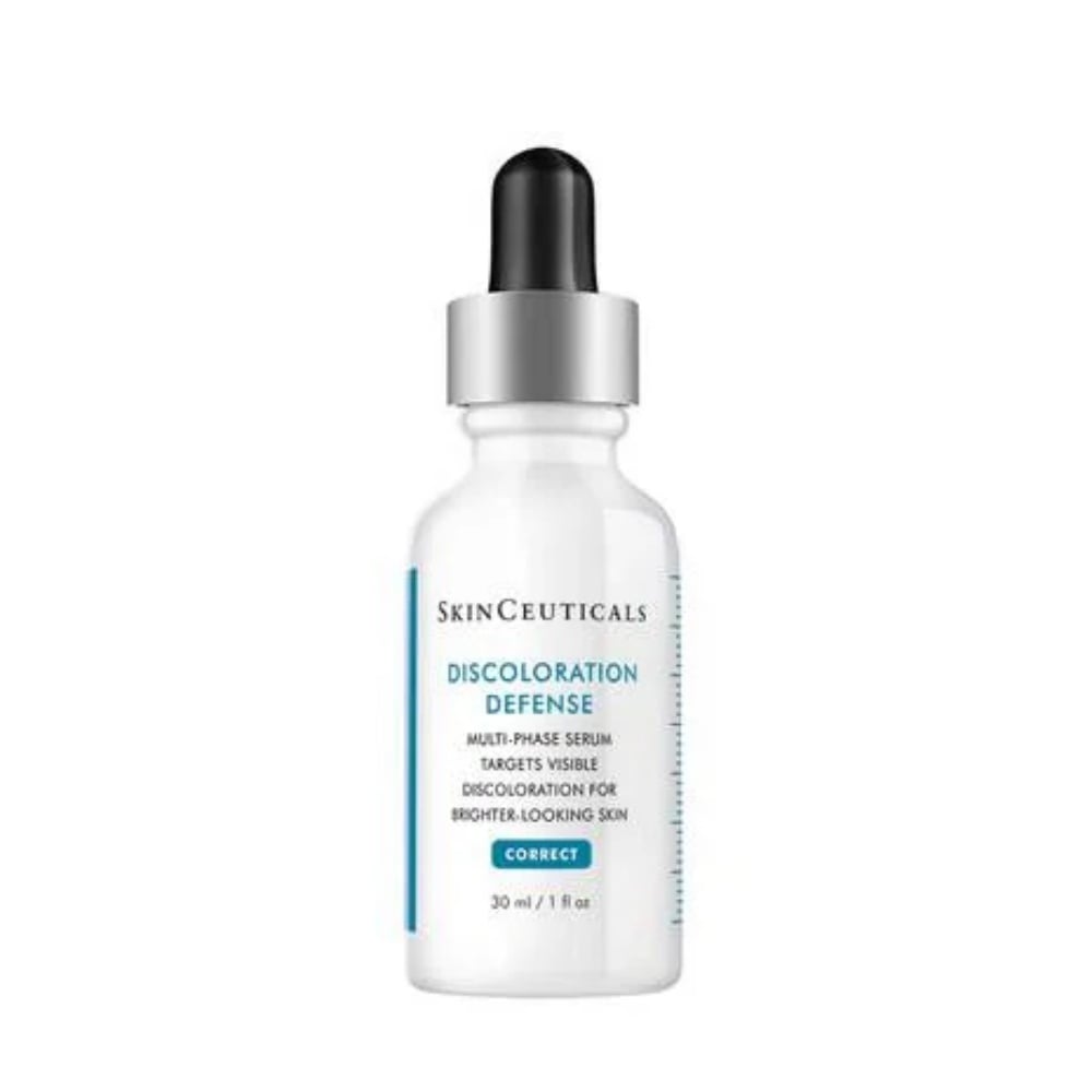 SkinCeuticals Discoloration Defense white and blue serum bottle