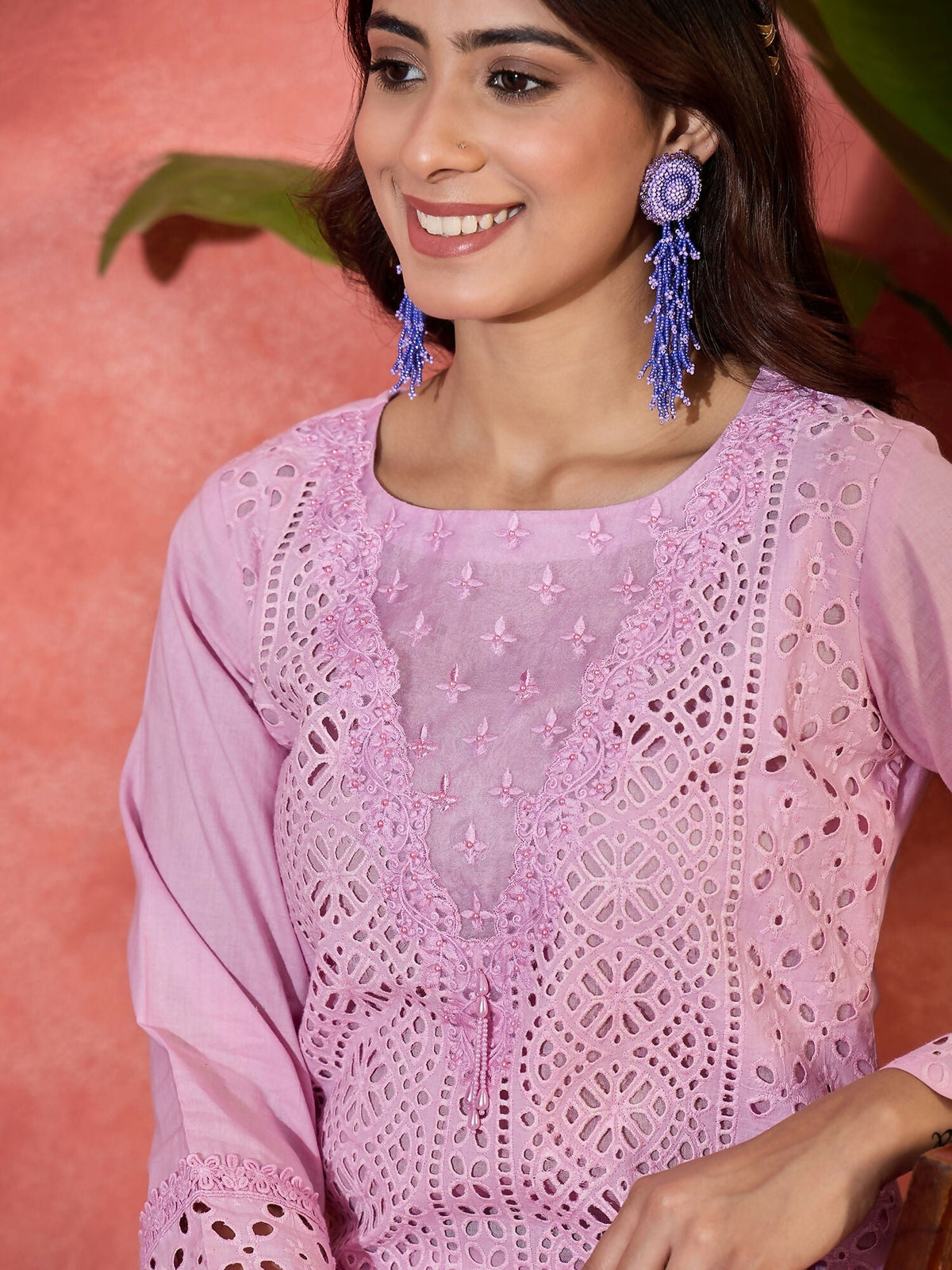 Pink Embroidered Pure Cotton Cord Set with 3/4 Sleeves