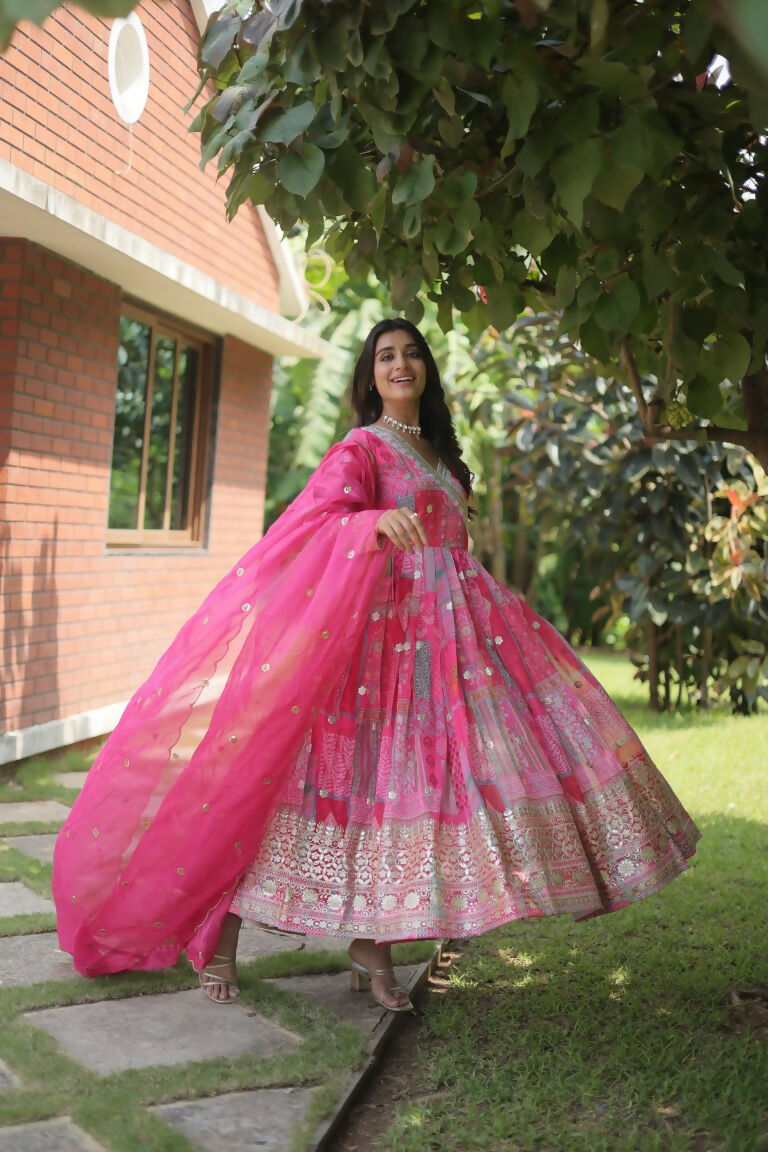 Pink Russian Silk Anarkali Dress with Abstract Digital Print