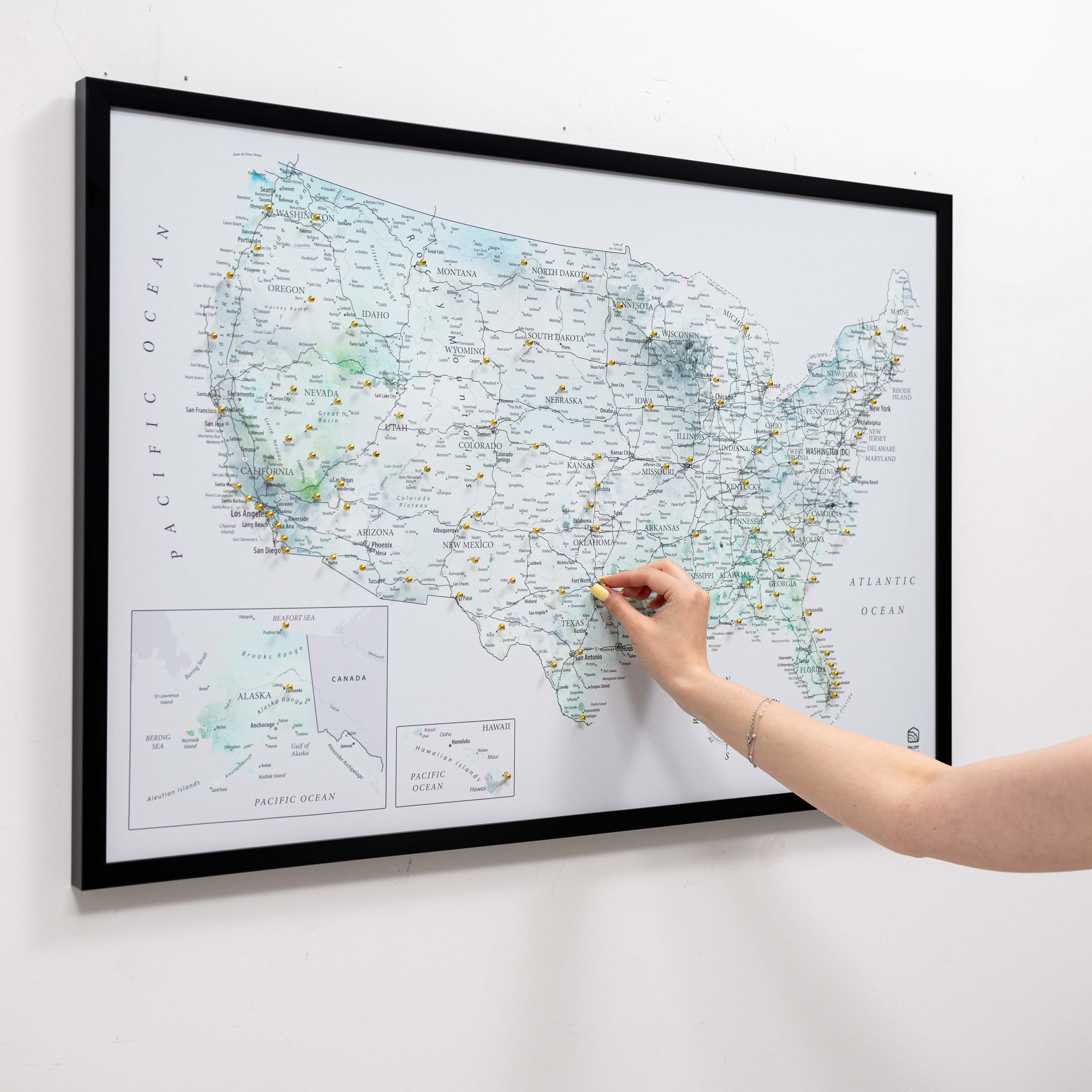 Sky Blue Wooden USA Map Canvas Travel Tracker Wall Art