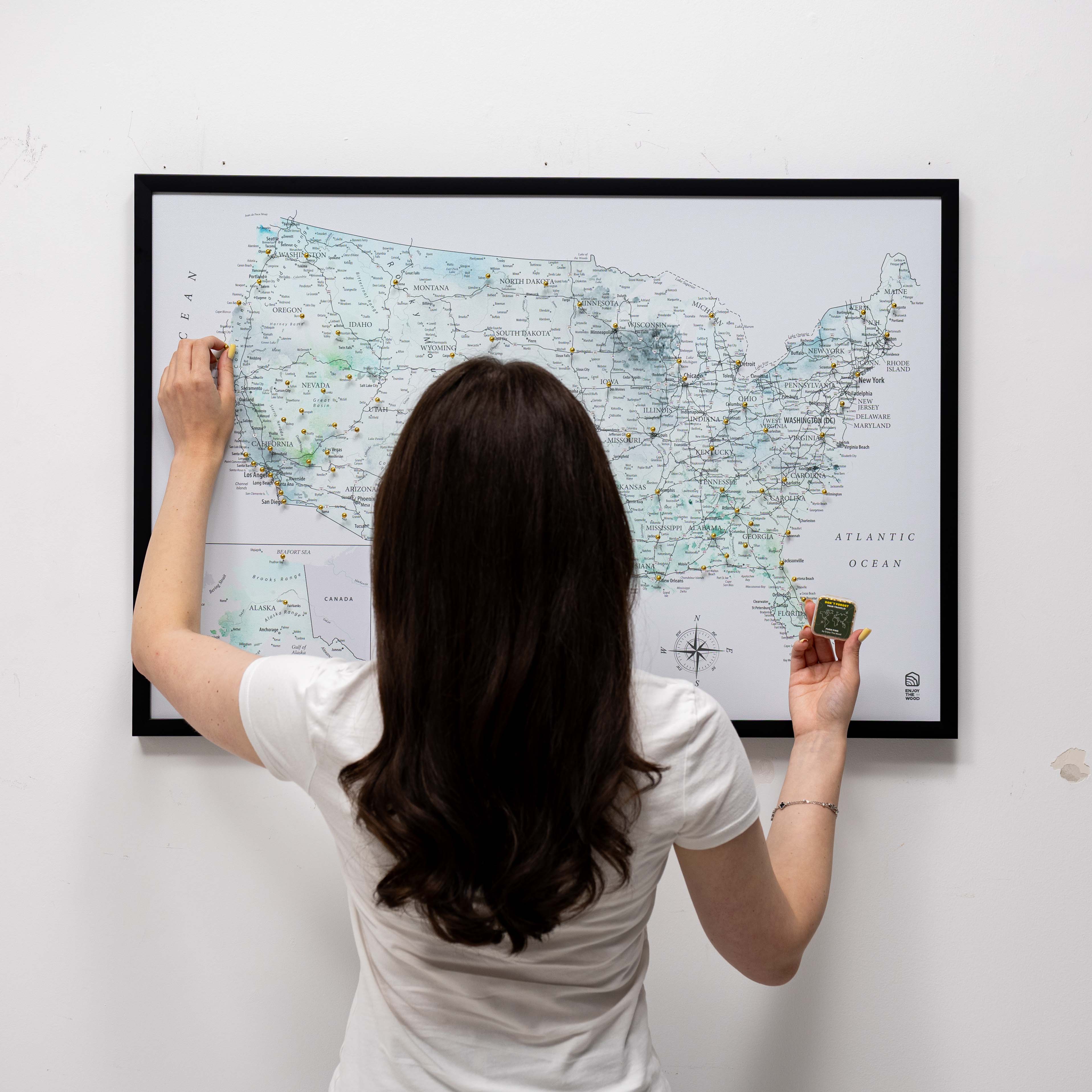 Sky Blue Wooden USA Map Canvas Travel Tracker Wall Art