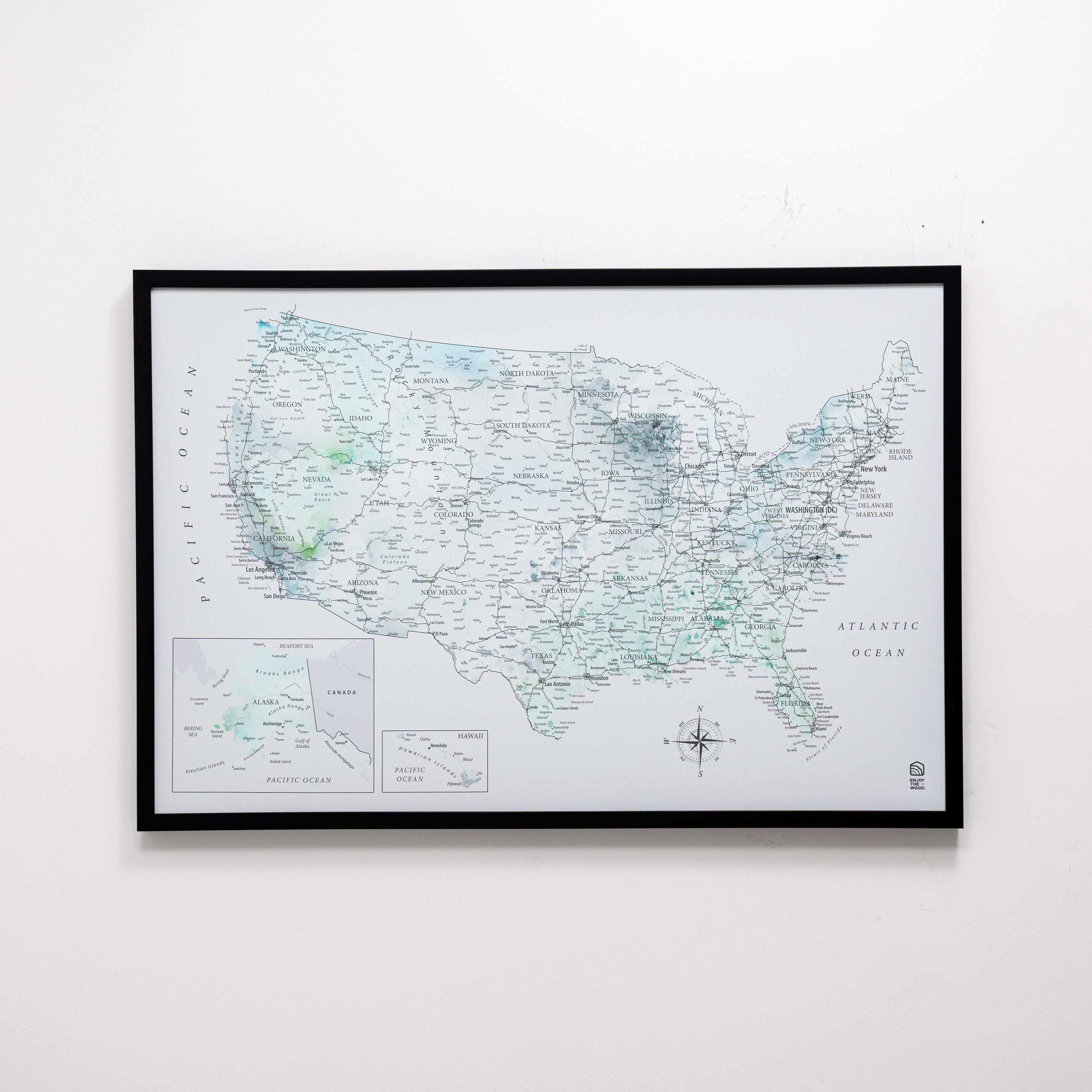 Sky Blue Wooden USA Map Canvas Travel Tracker Wall Art