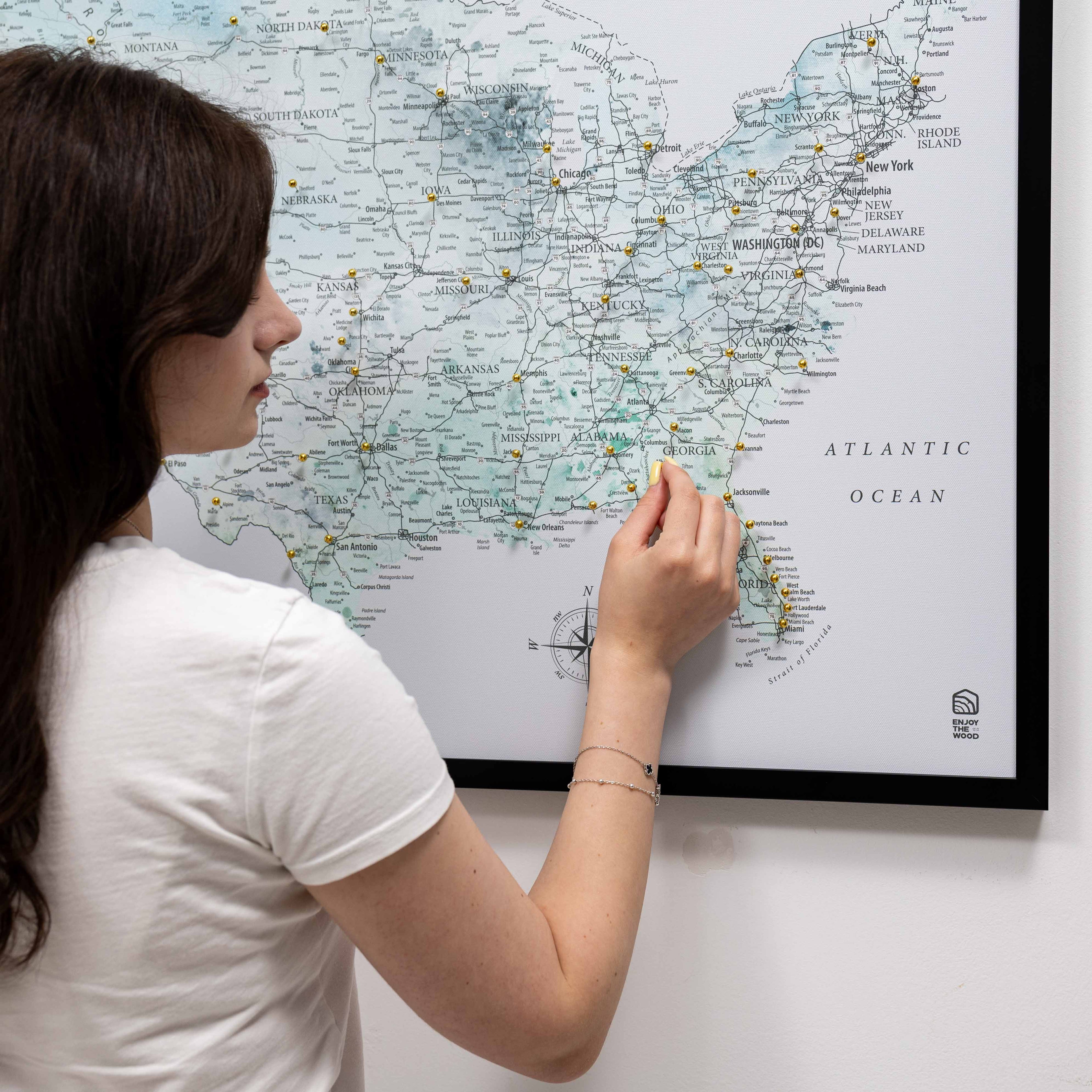Sky Blue Wooden USA Map Canvas Travel Tracker Wall Art