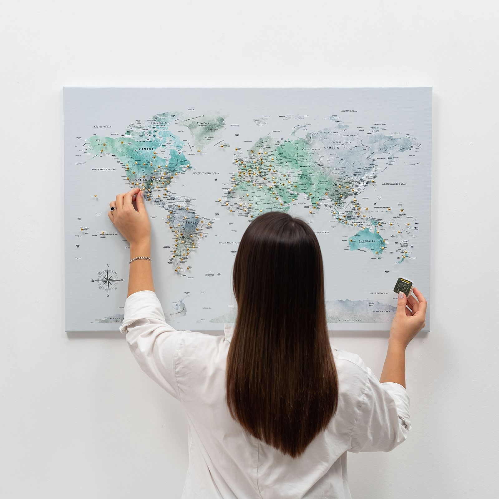 Decorative sky blue world map printed on high-quality canvas wall art