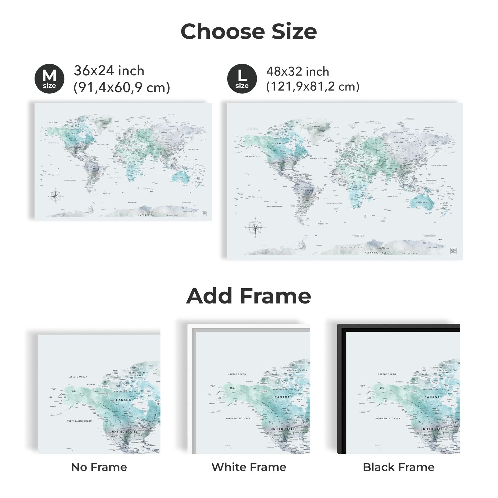 Sky Blue World Map Wall Art Canvas for Home Decor