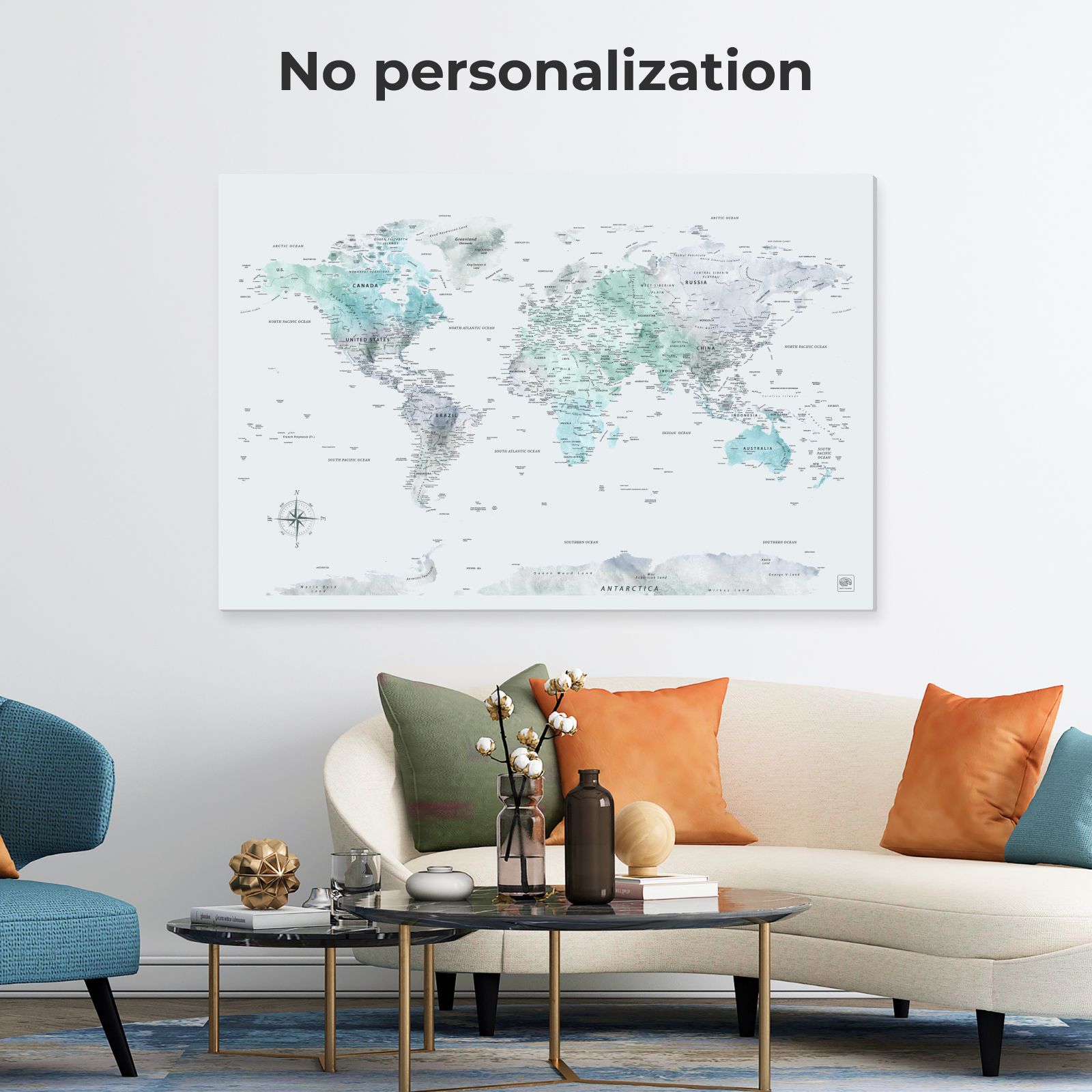 Sky Blue World Map Wall Art Canvas for Home Decor