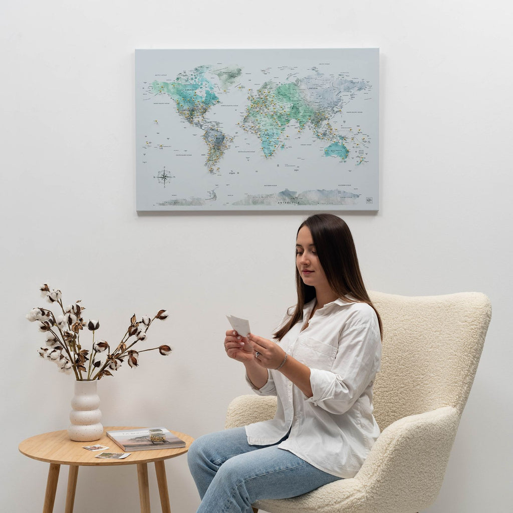 Sky Blue World Map Wall Art Canvas for Home Decor