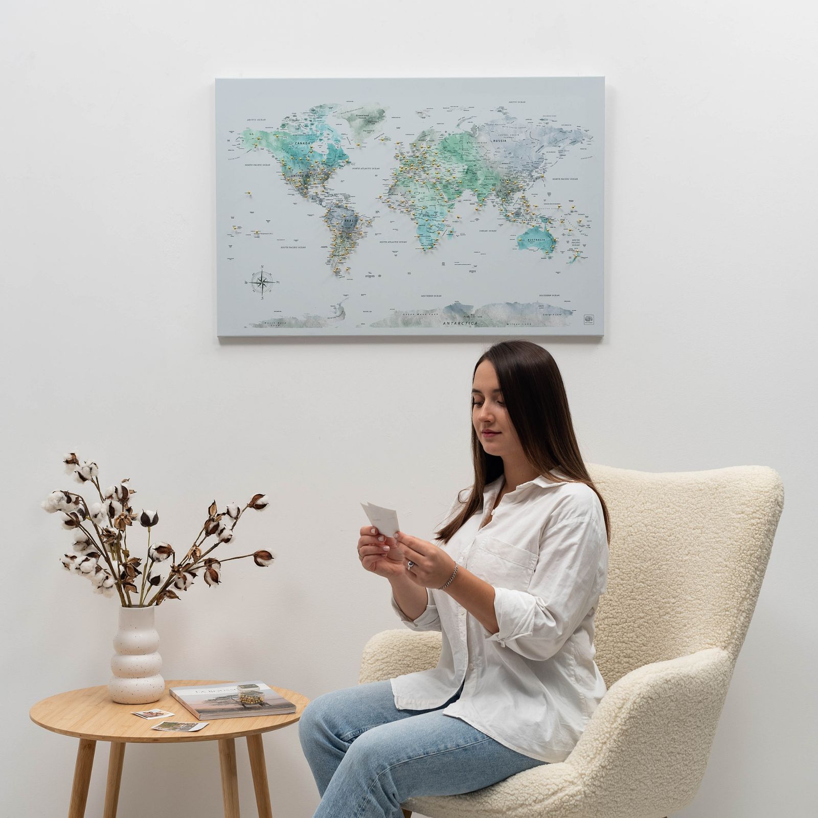 Sky Blue World Map Wall Art Canvas for Home Decor