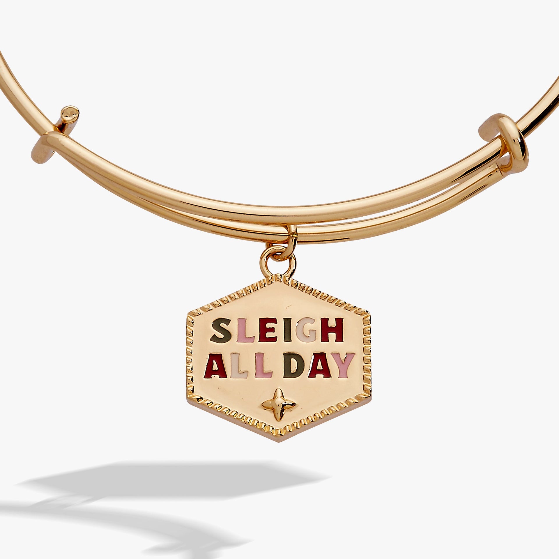 Sleigh All Day charm bangle with vibrant enamel lettering and adjustable band.