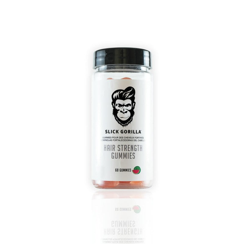 Slick Gorilla Biotin hair gummies in a clear plastic bottle with black branding