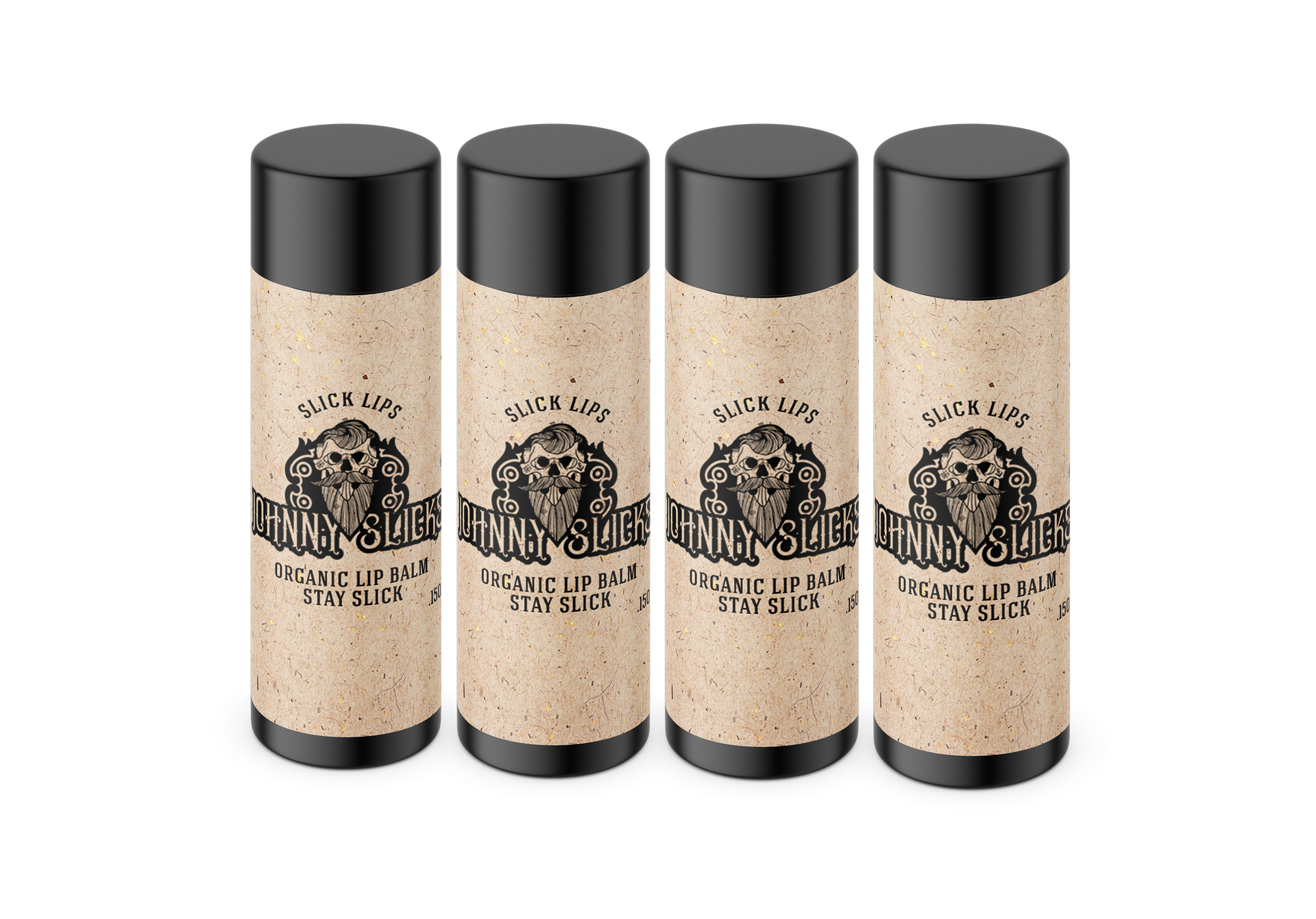 Four sticks of Johnny Slicks organic lip balm lined up on a white background