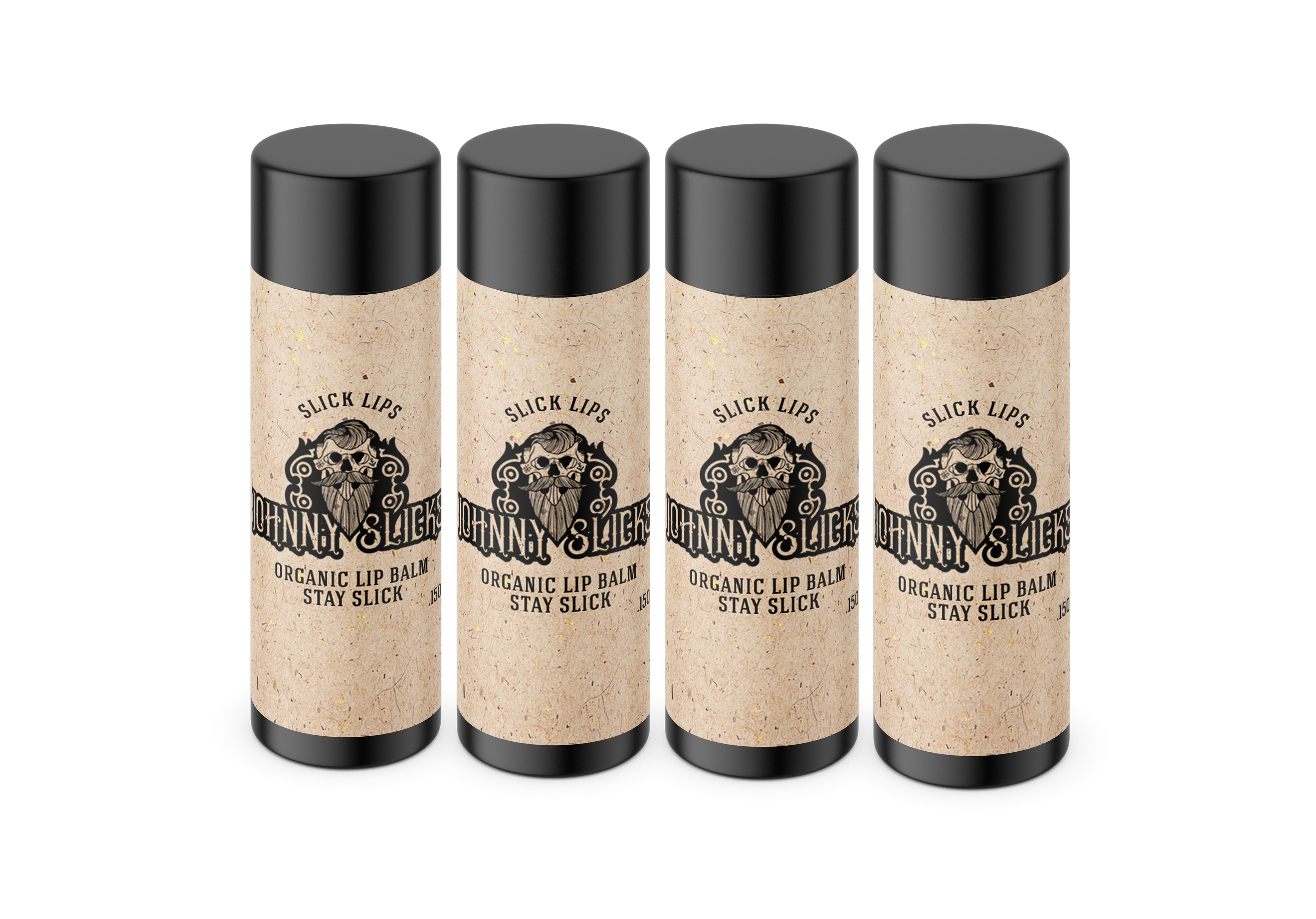 Four sticks of Johnny Slicks organic lip balm lined up on a white background